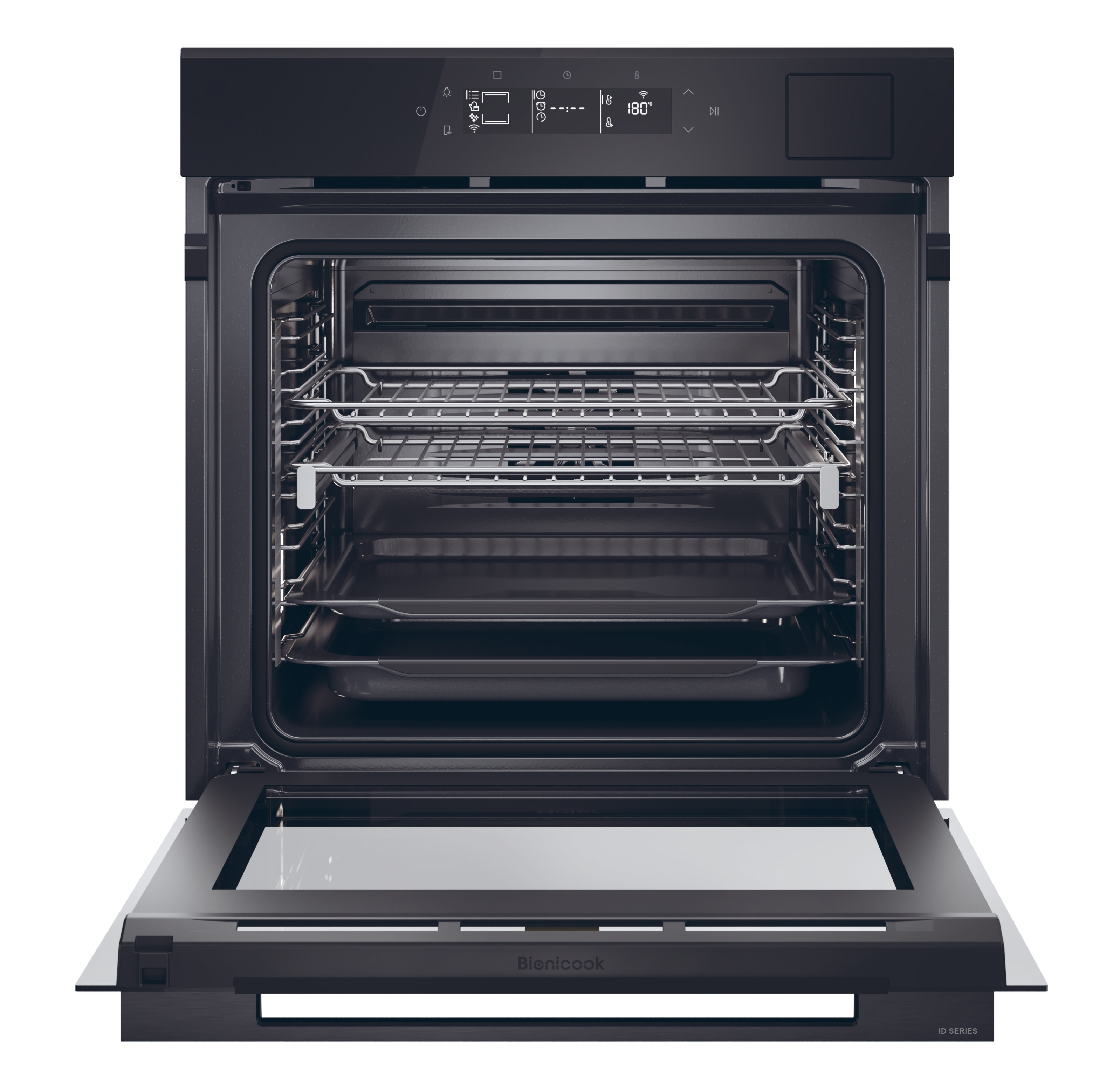 Horno negro empotrado con puerta abierta y rejillas interiores.
