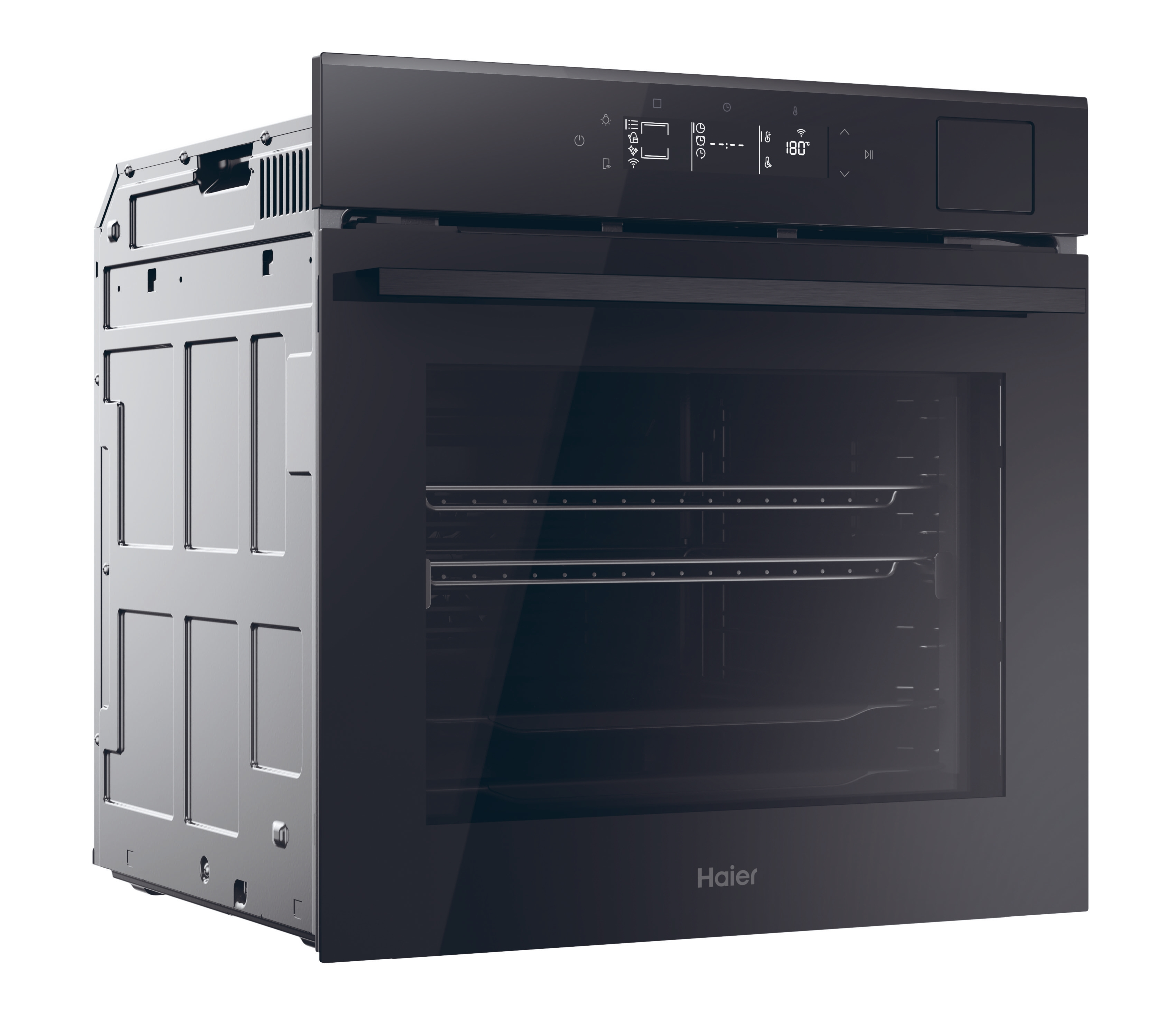 Horno negro empotrado con puerta de cristal. Panel de control en la parte superior. Vista interior con estantes.