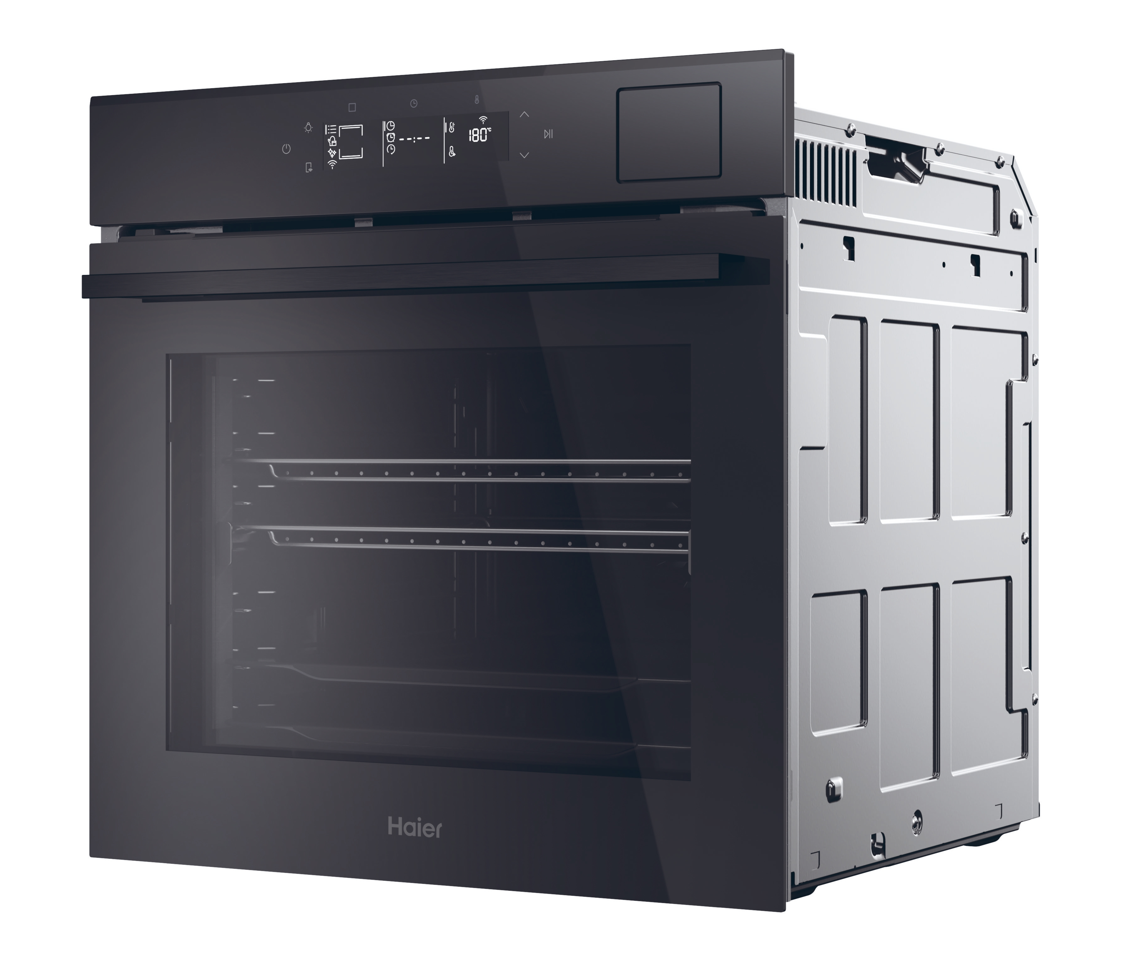 Horno negro con puerta de cristal, panel de control y logotipo Haier.