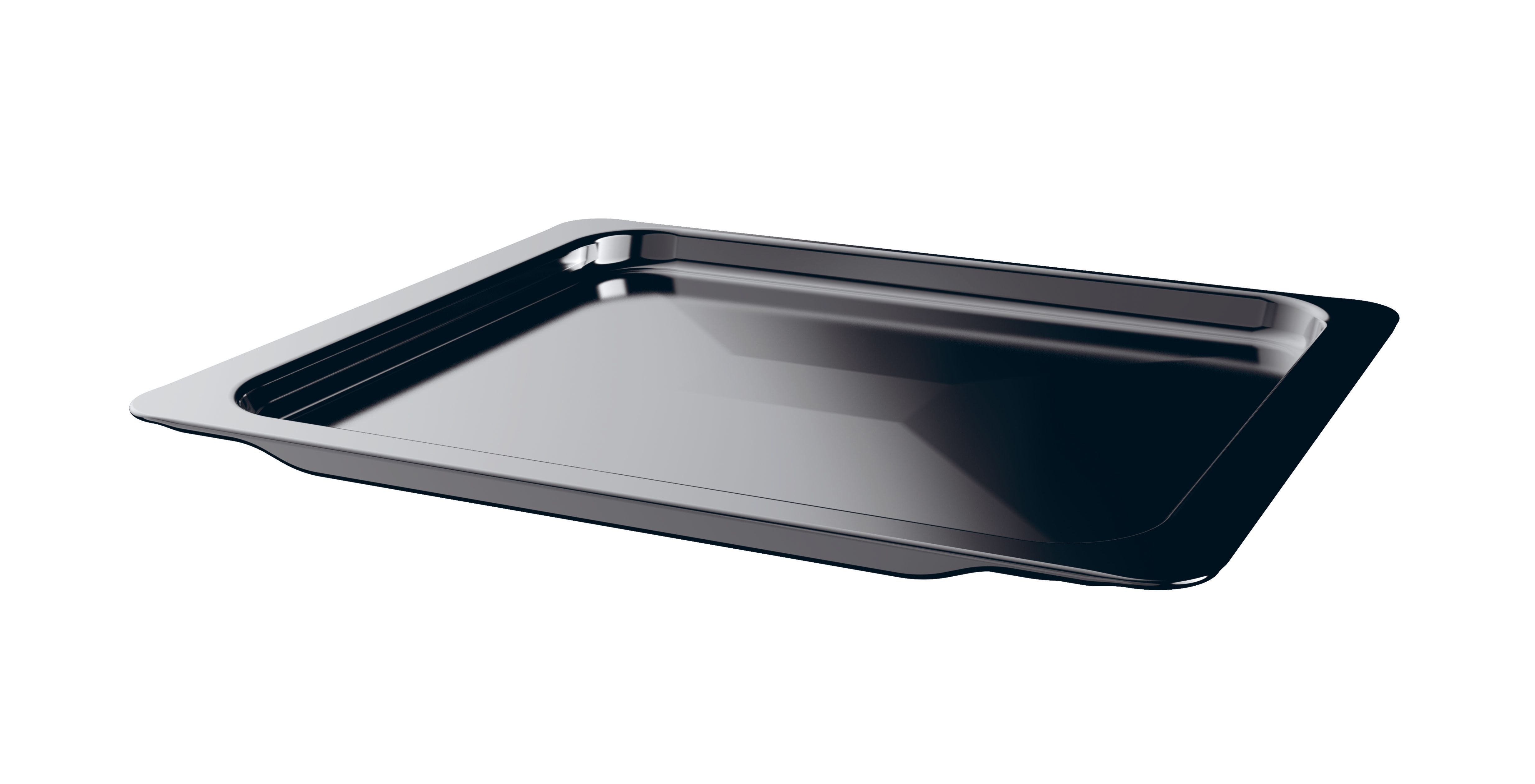 Bandeja de horno negra sobre fondo blanco, mostrando forma rectangular con bordes elevados.