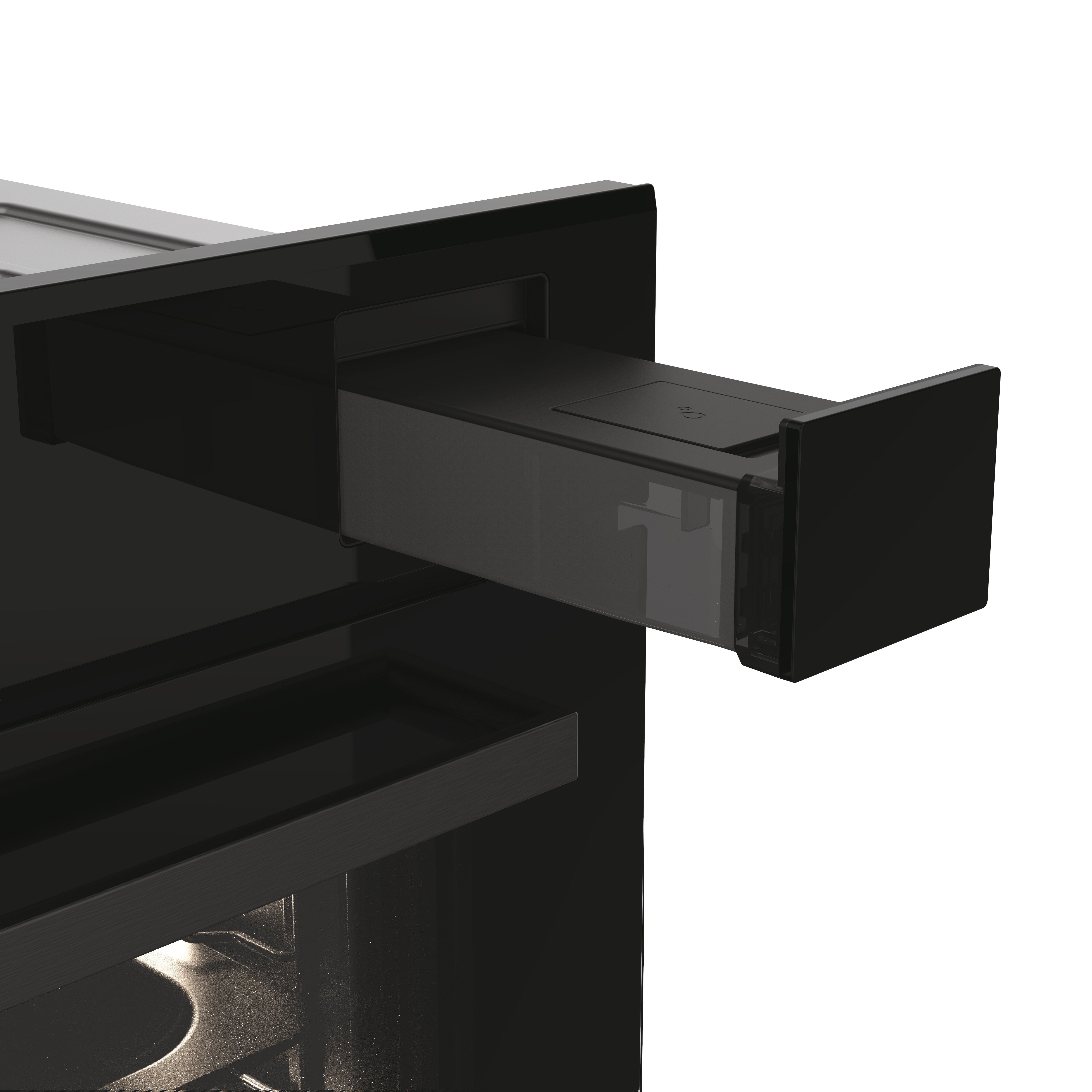 Cajón de electrodoméstico empotrado negro, parcialmente extendido.