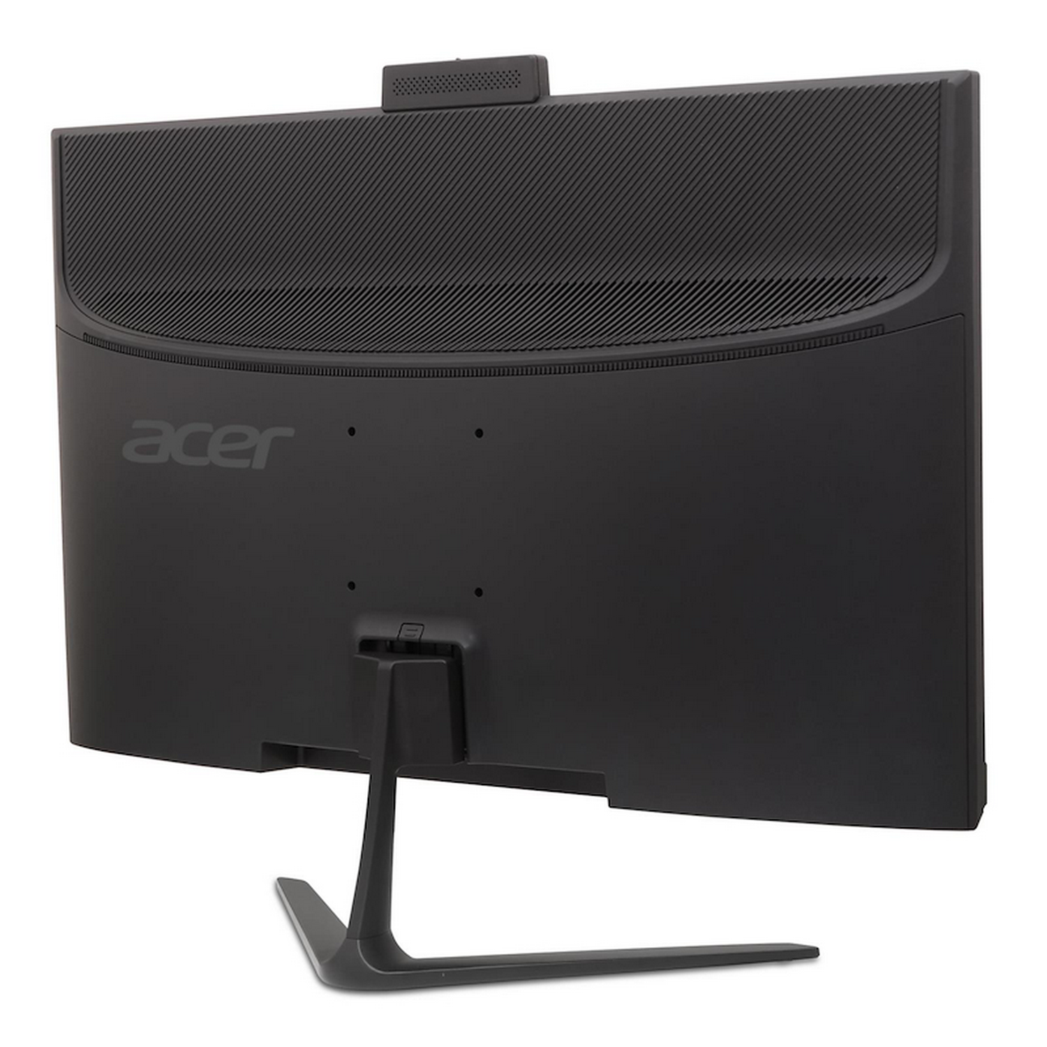Vista trasera de un monitor de ordenador negro. Tiene el logotipo de Acer y un soporte.