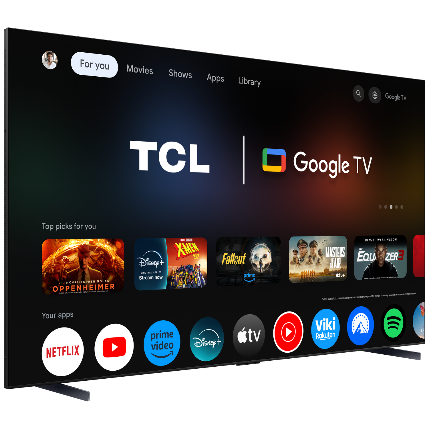 Large TCL Google TV on stand, showing the interface, with multiple app icons.