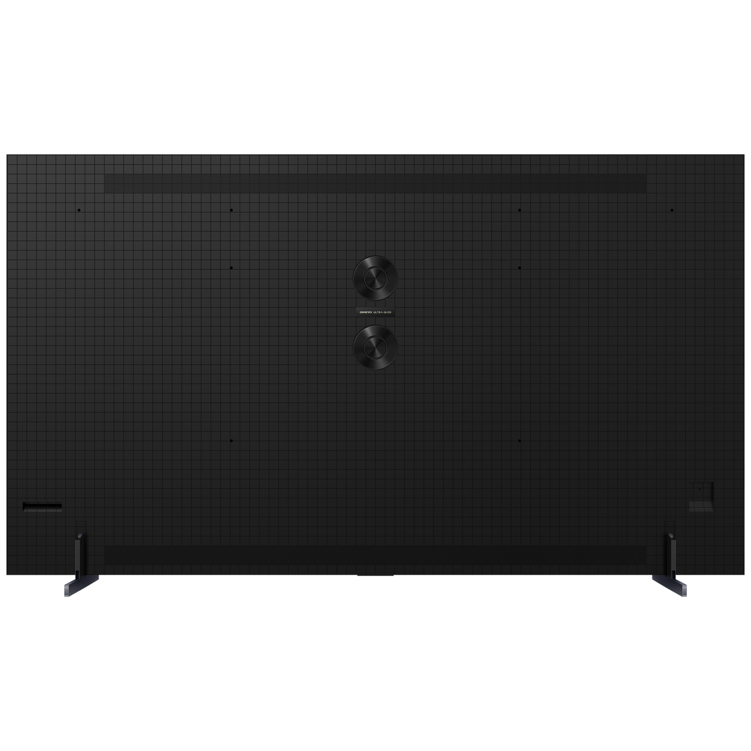 The back of a large black TV with a grid pattern, two circular ports, and stand legs.