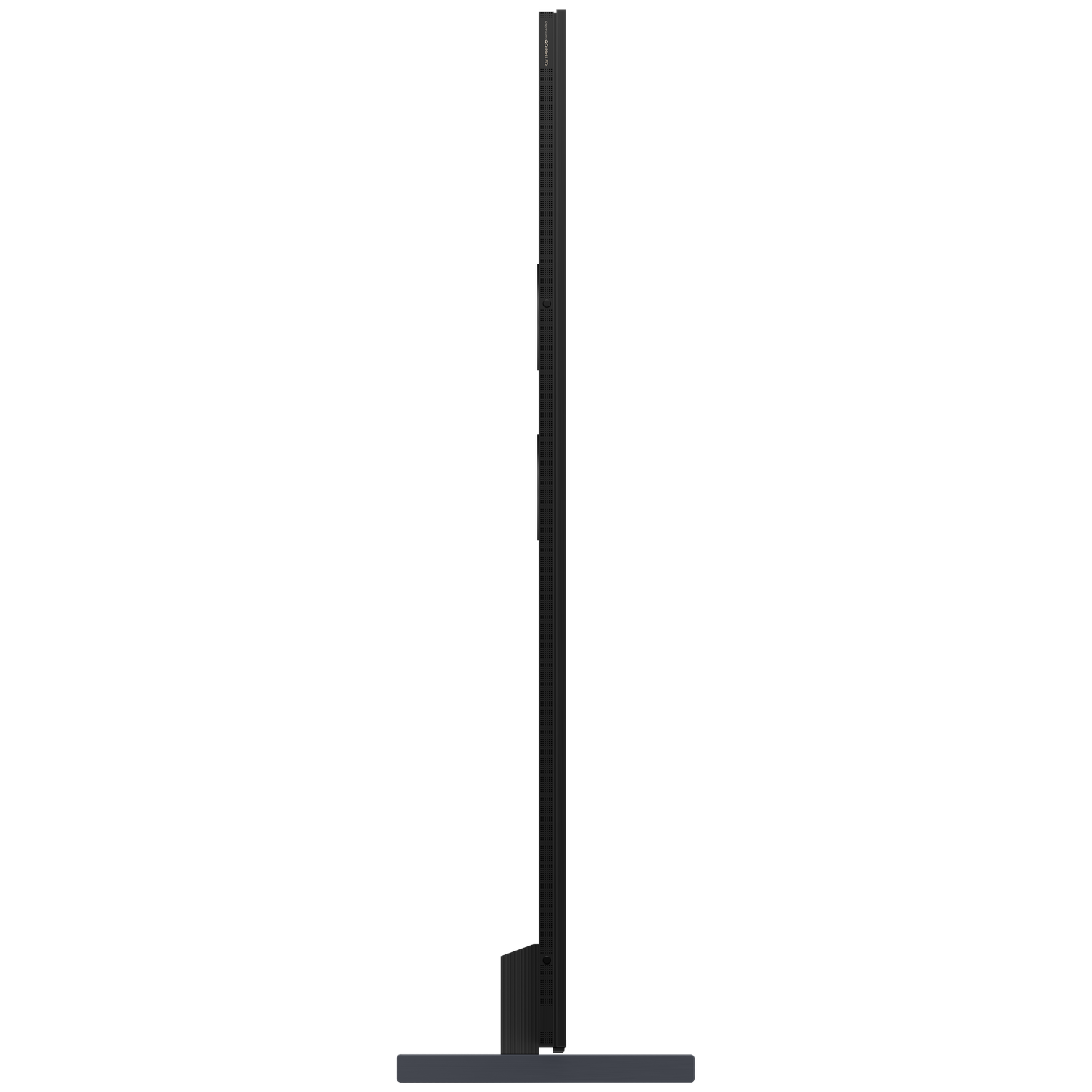 A side profile of a black TV, on a white background.