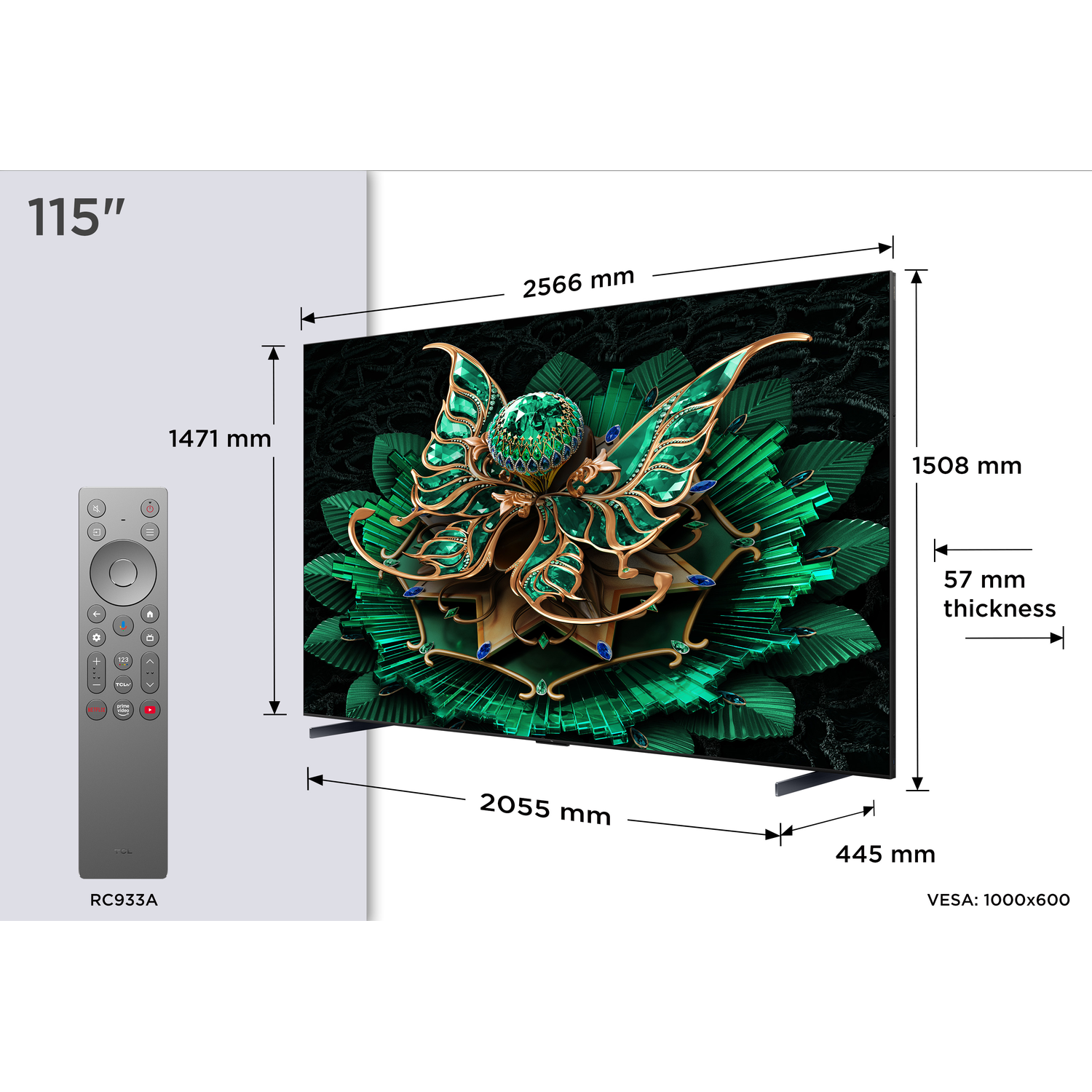 Large TV screen with dimensions and a remote, featuring a floral artwork.