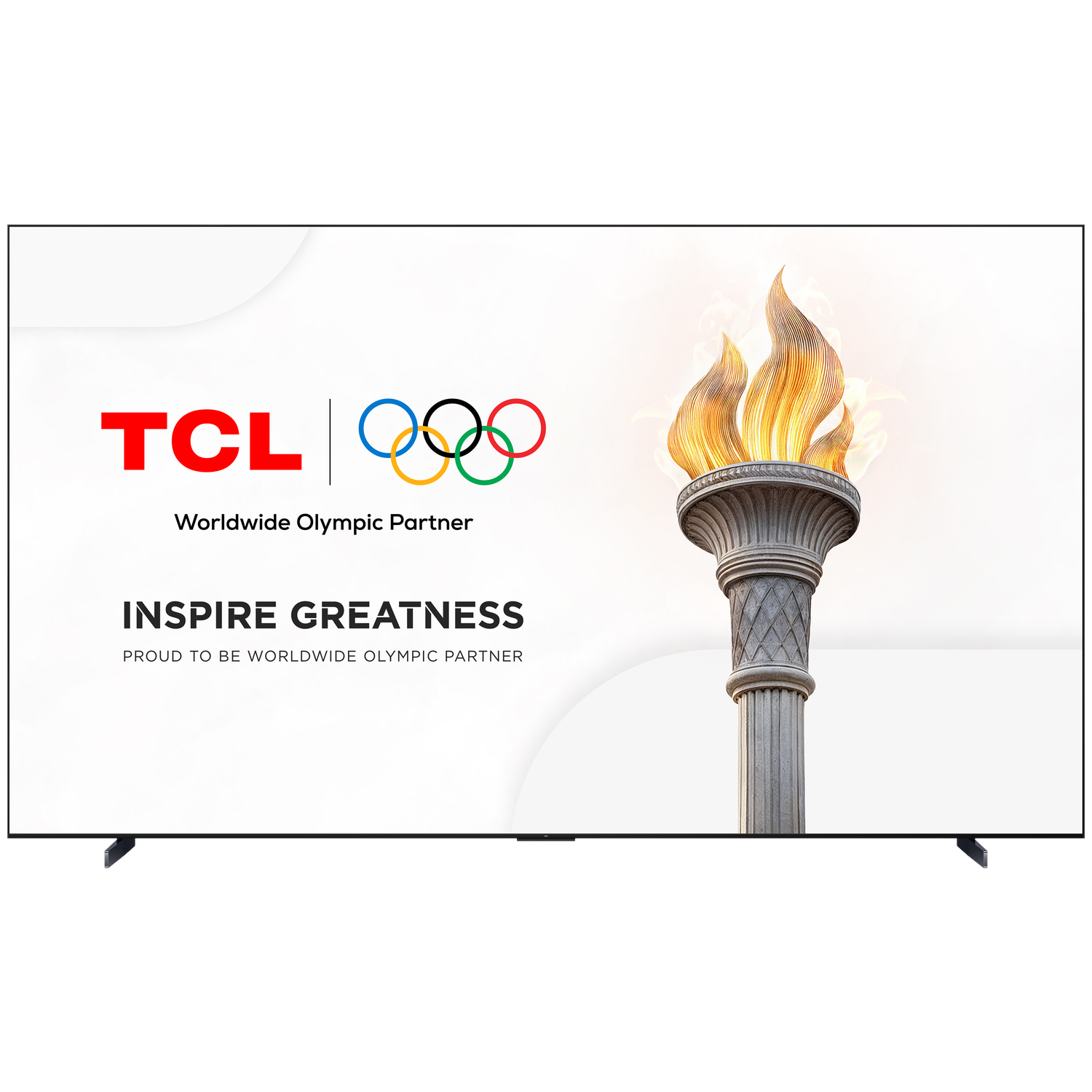 A TCL TV showcasing the Olympic rings and torch, with the tagline 'Inspire Greatness'.