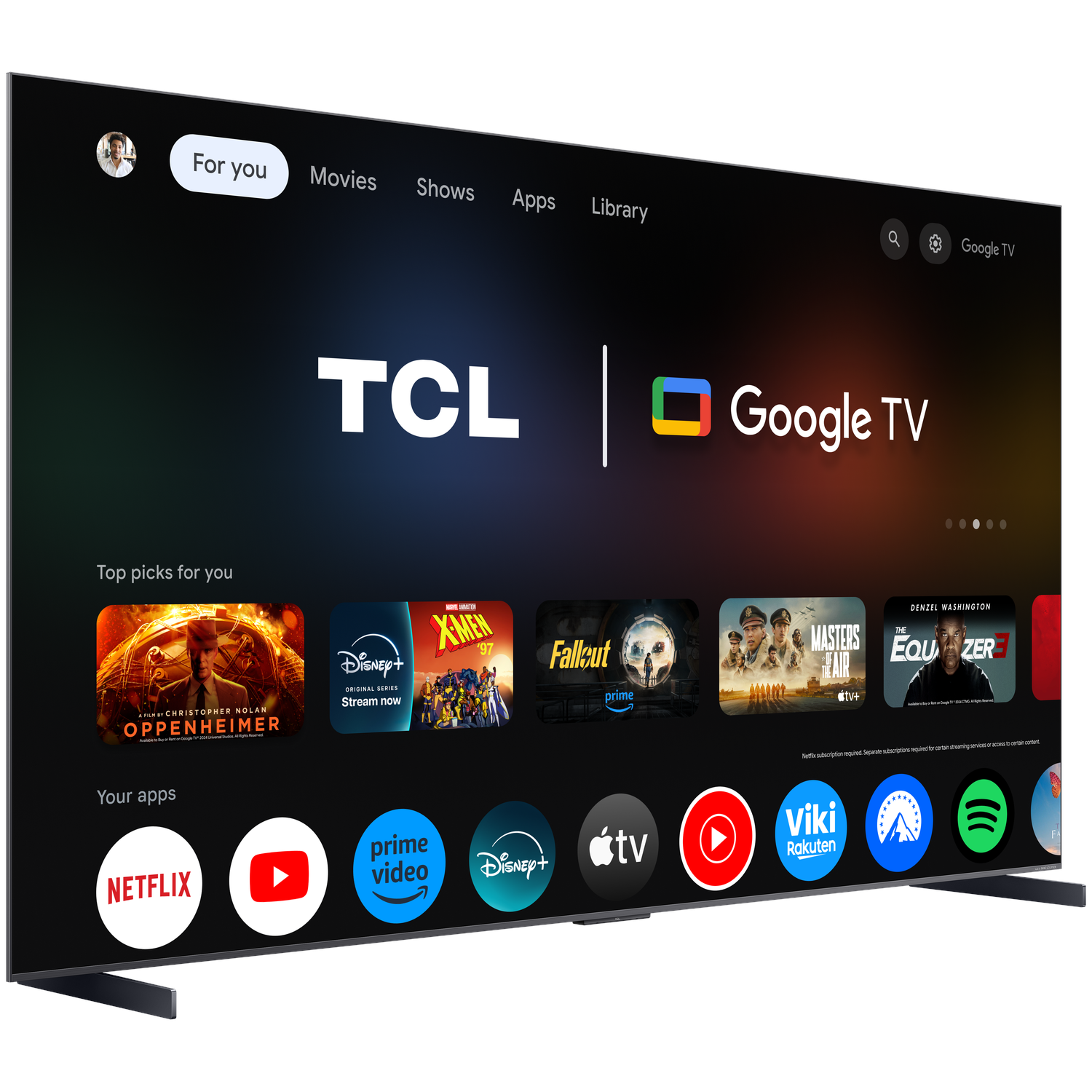 Een moderne tv met een Google TV-interface die apps en films toont.