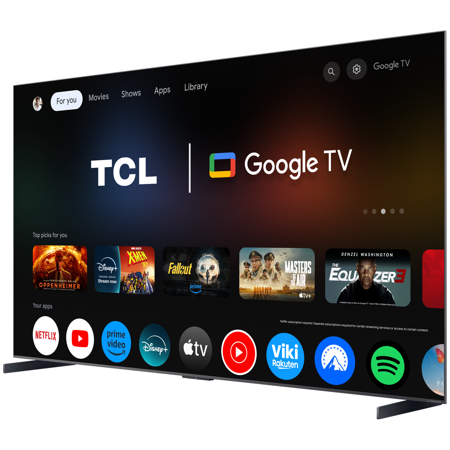 Een grote TCL Google TV op een standaard, met een kleurrijke interface met app-iconen.