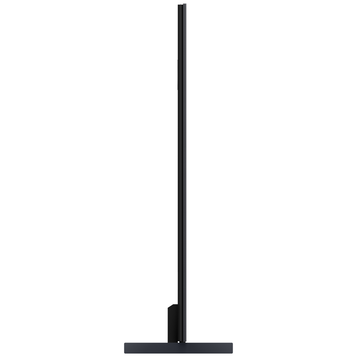 Een zwarte tv die op een donkere basis staat. Het scherm is uitgeschakeld. De tv is erg dun.