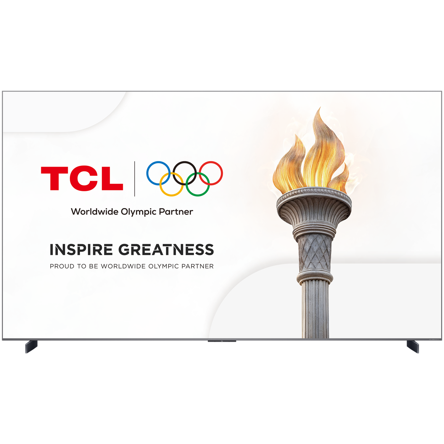 TCL TV toont de Olympische ringen, fakkel en logo. De woorden Inspire Greatness staan ook op het scherm.