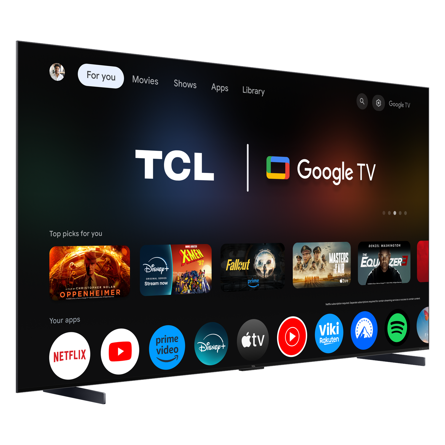 TCL Google TV. Screen displays a menu with various apps and streaming services.