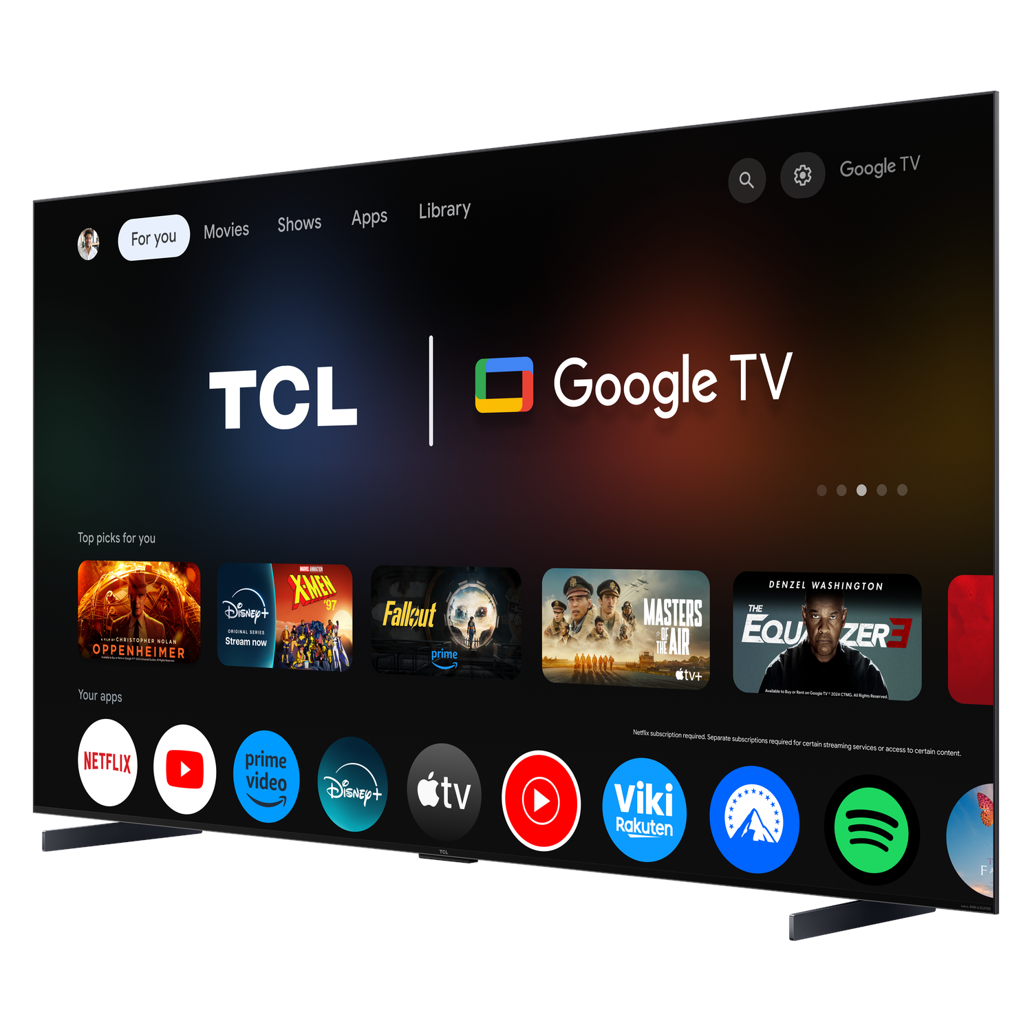 TCL Google TV, displaying a menu of shows and apps.