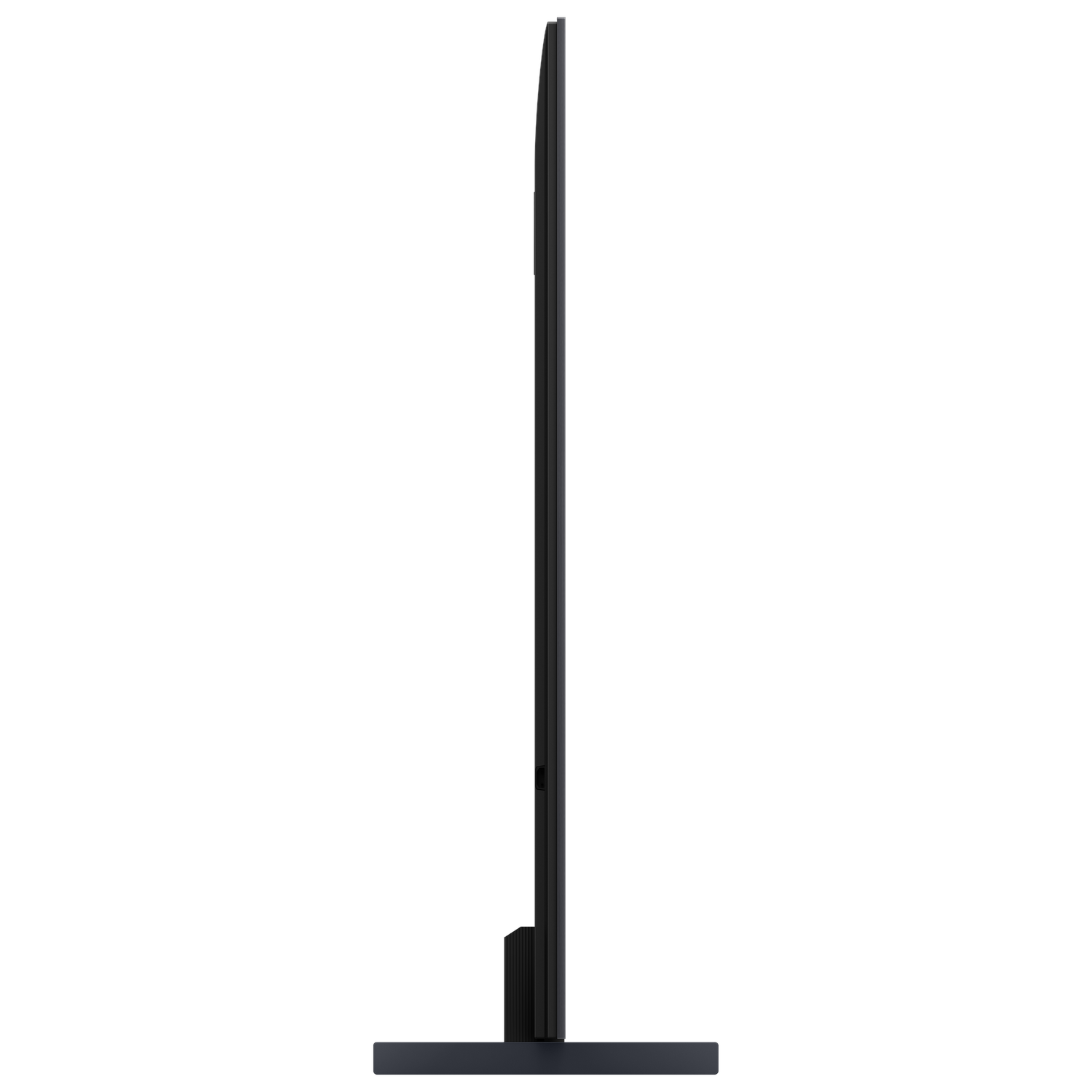 Side view of a black, sleek television with a stand.