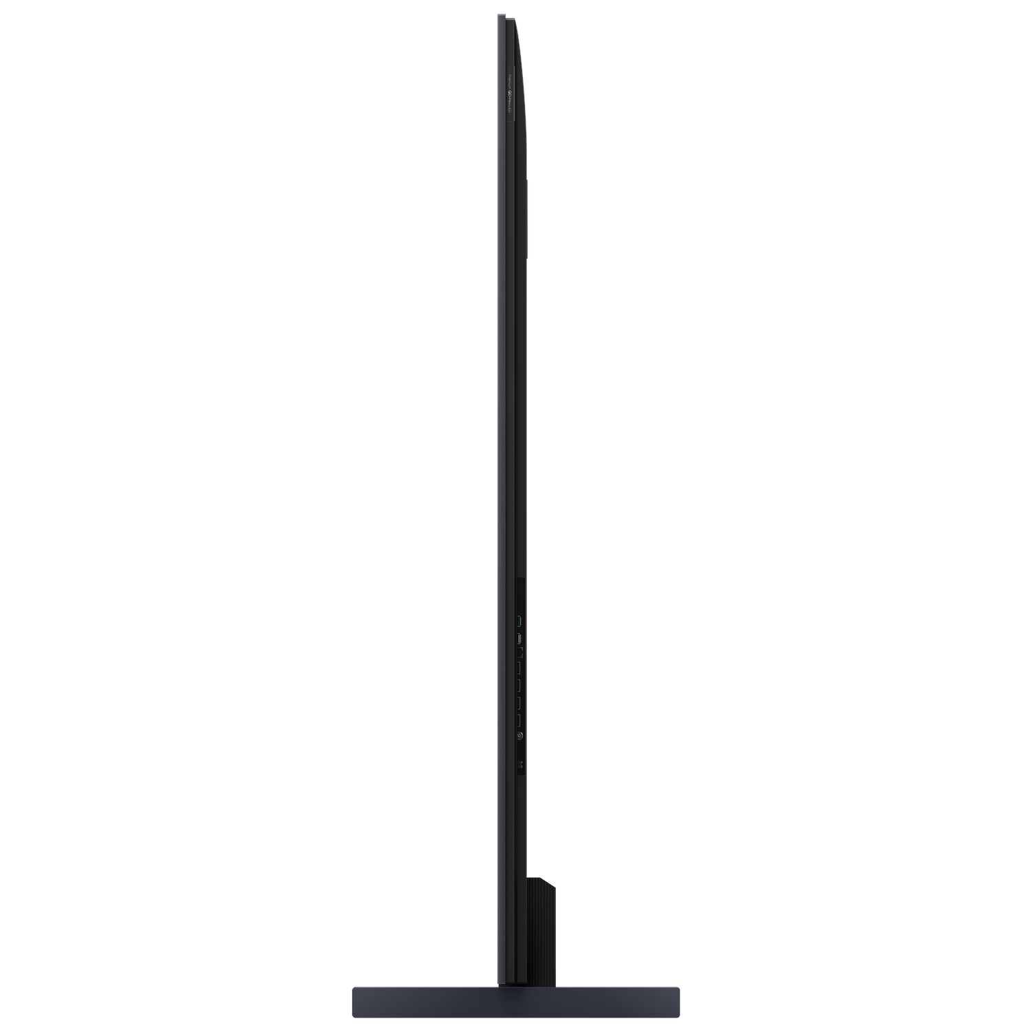 A sleek, black TV with a thin frame, side view, on a black stand.