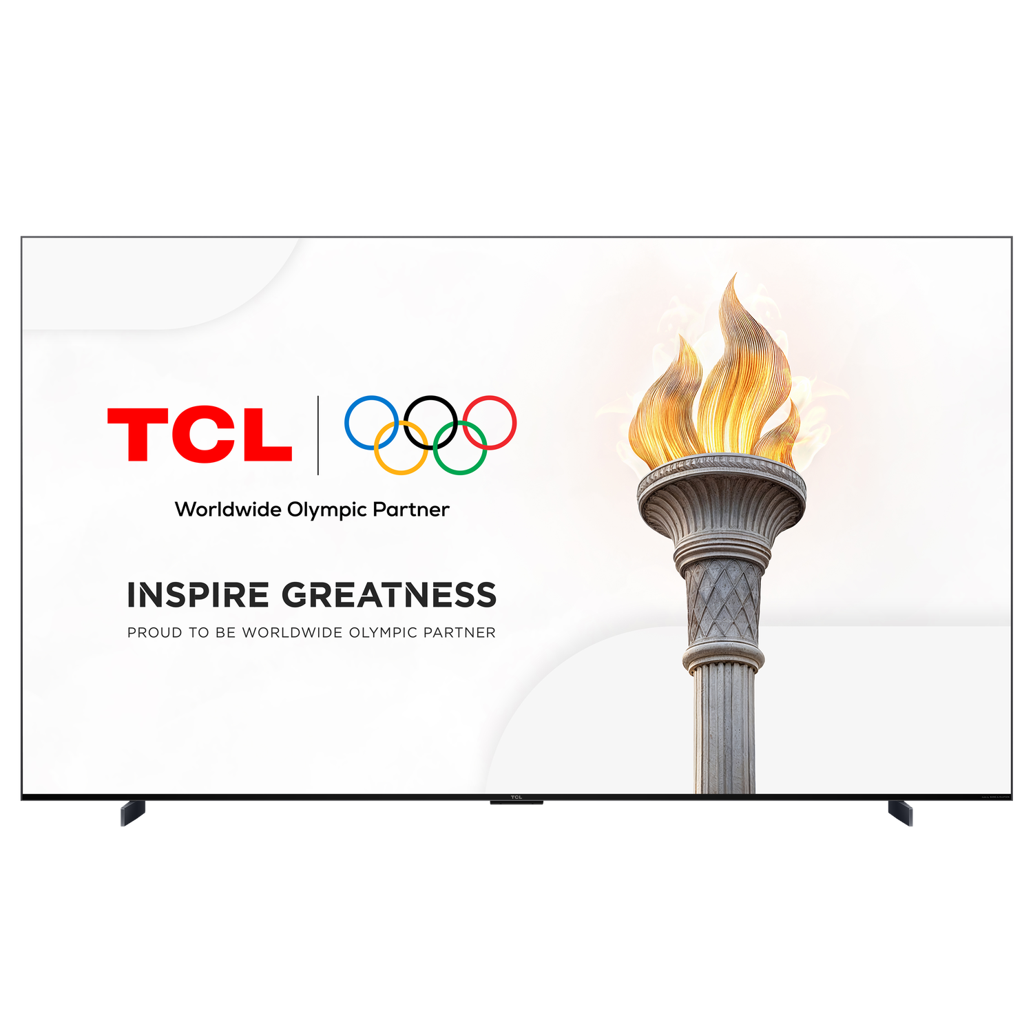 TCL TV with the Olympic rings and a torch image, with 'Inspire Greatness' text.