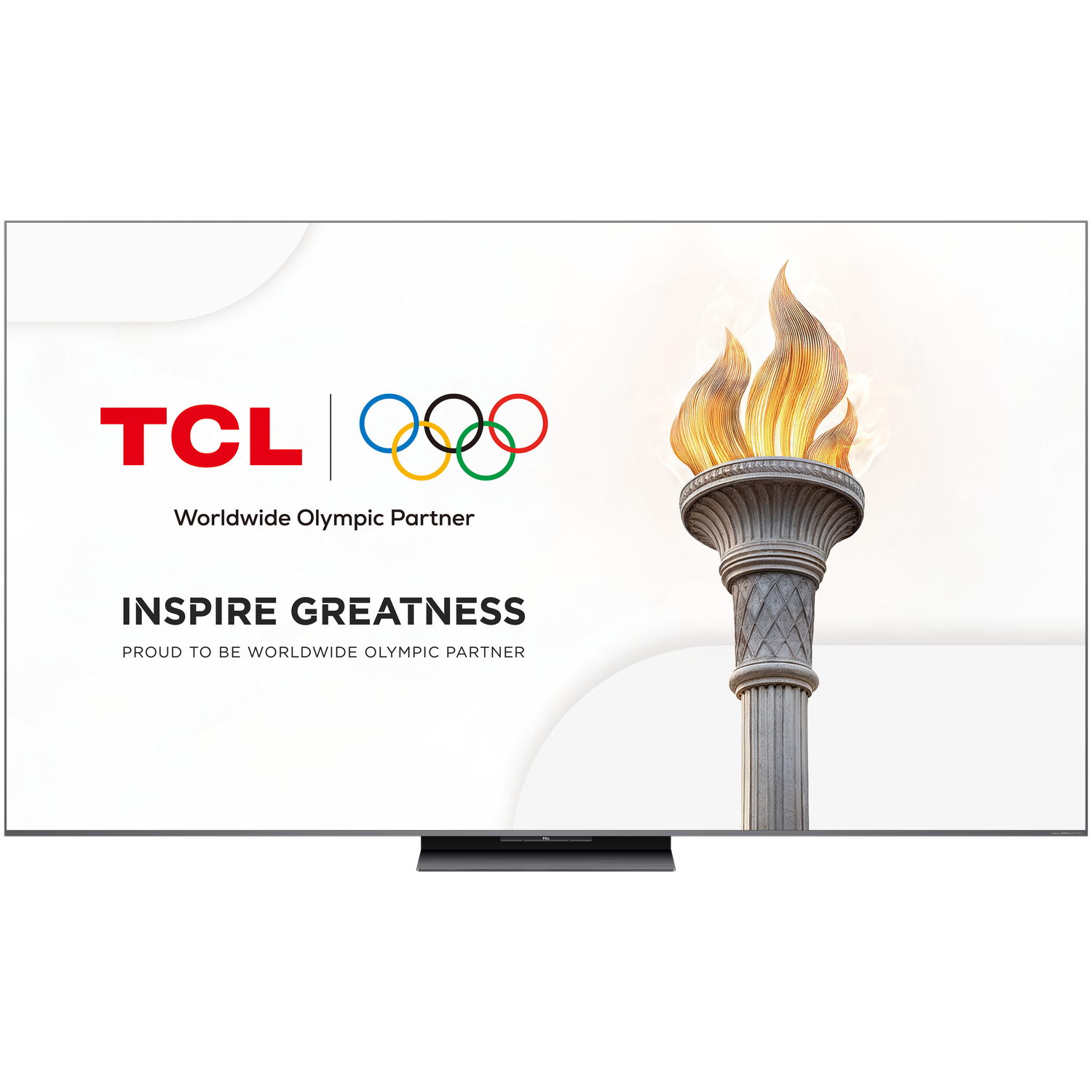 TCL TV met de Olympische ringen en een fakkelafbeelding, met tekst 'Inspire Greatness'.