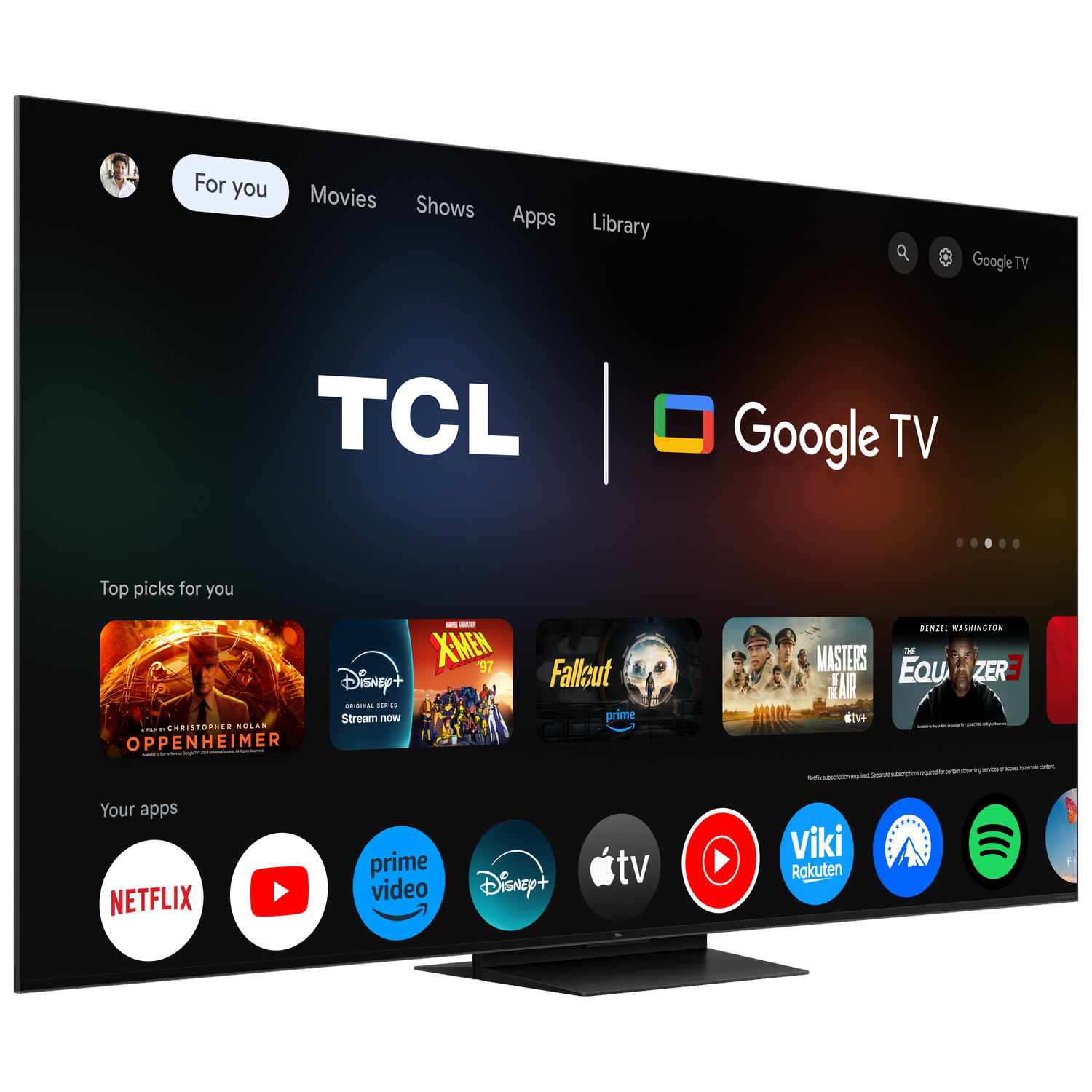 Een TCL Google TV met een menu met apps en de Google TV-interface op een zwarte achtergrond.