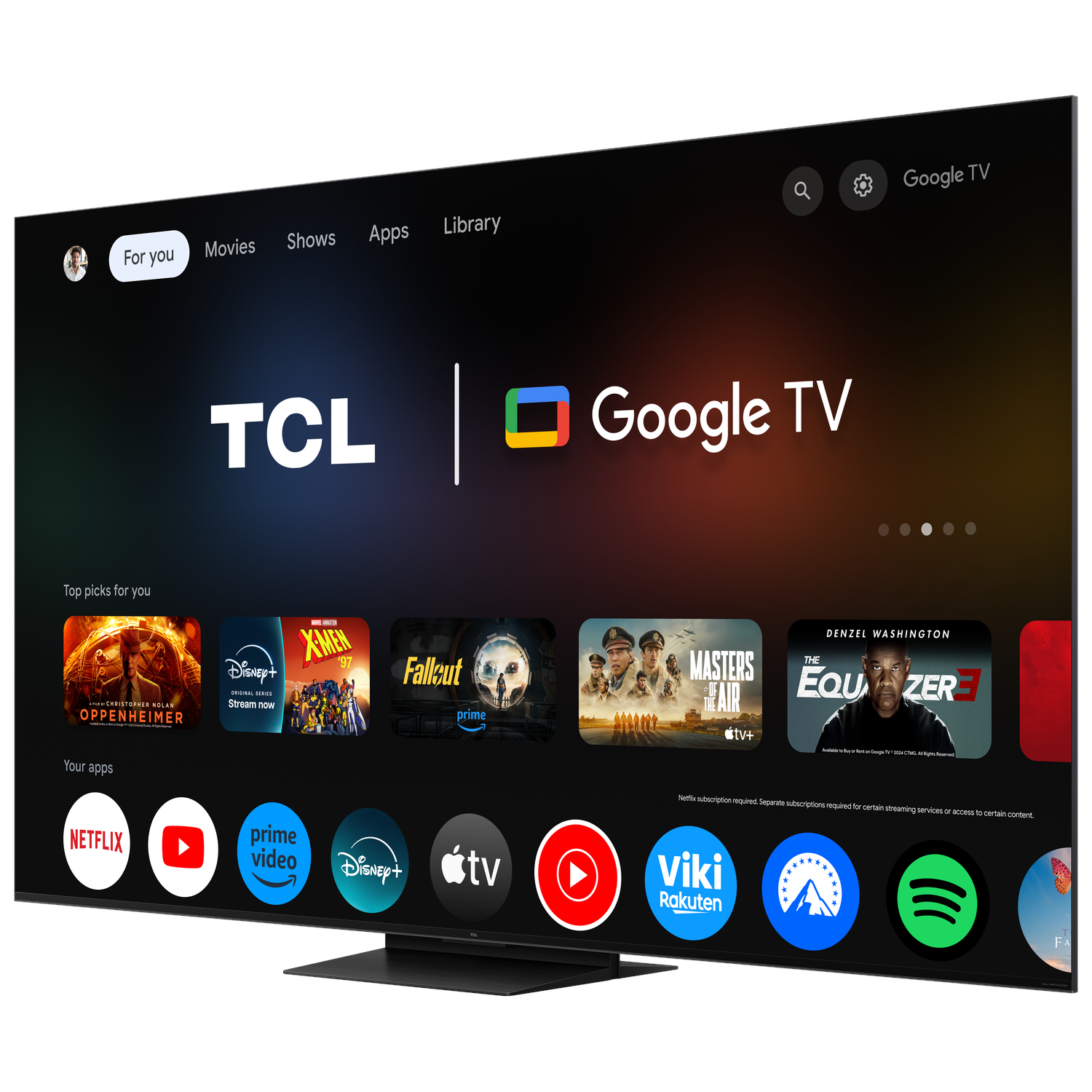 TCL Google TV met veel app-iconen op het scherm. Menu 'For you', 'Movies', 'Shows', 'Apps', 'Library'.