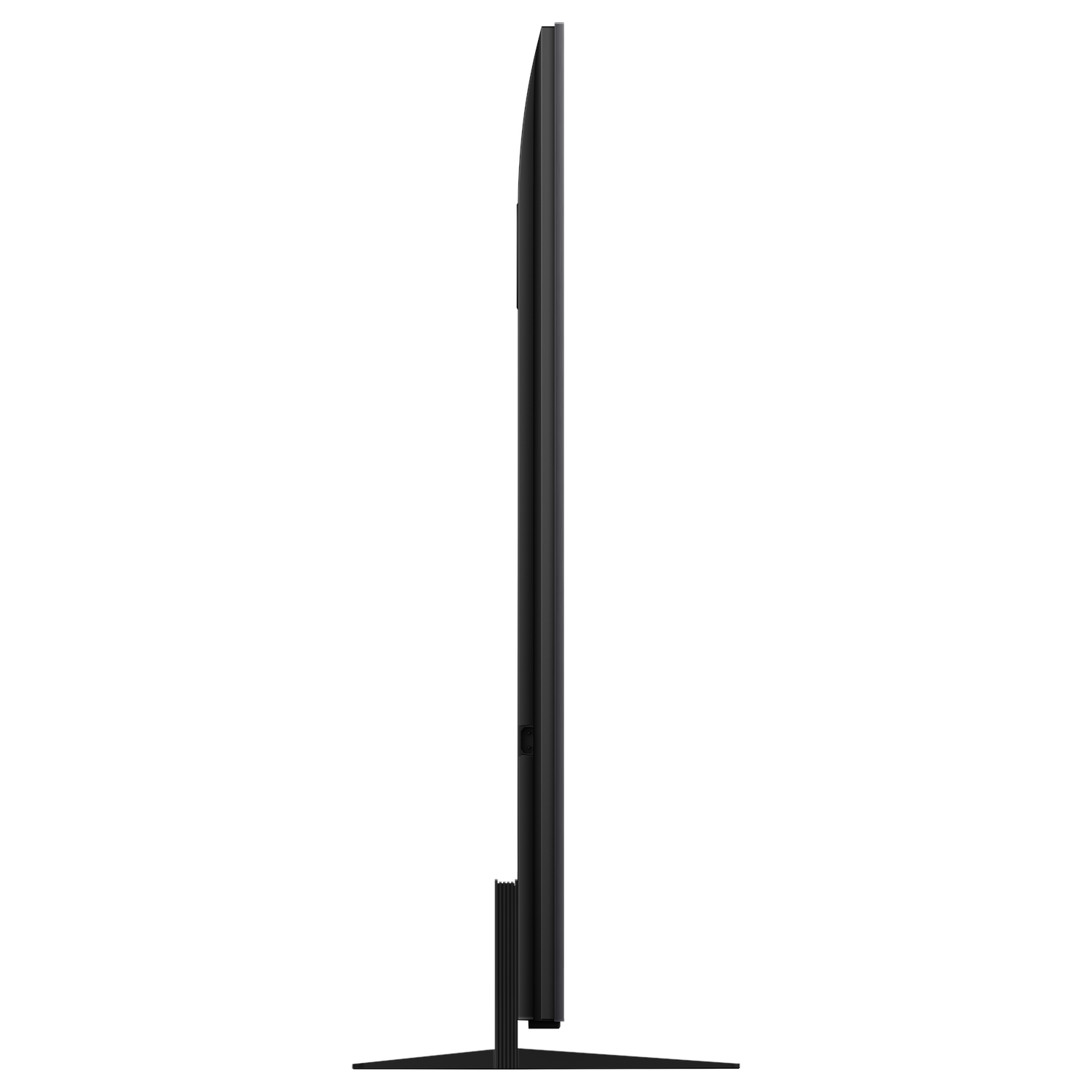 Een tv-scherm met een zwart scherm met een zijaanzicht van de tv, dat het slanke profiel laat zien.