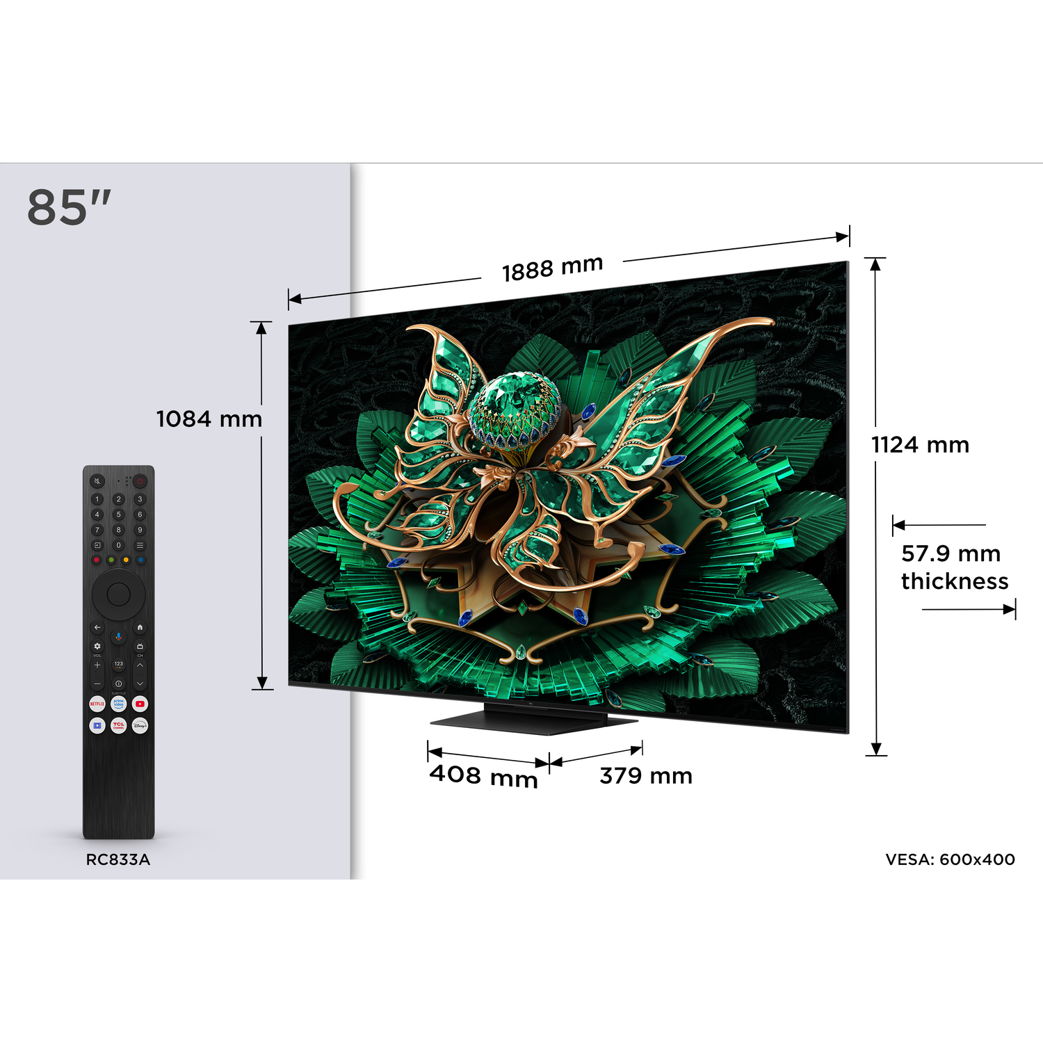 Een 85-inch tv en een afstandsbediening worden weergegeven. Afmetingen worden getoond met een bloemendesign op het scherm.