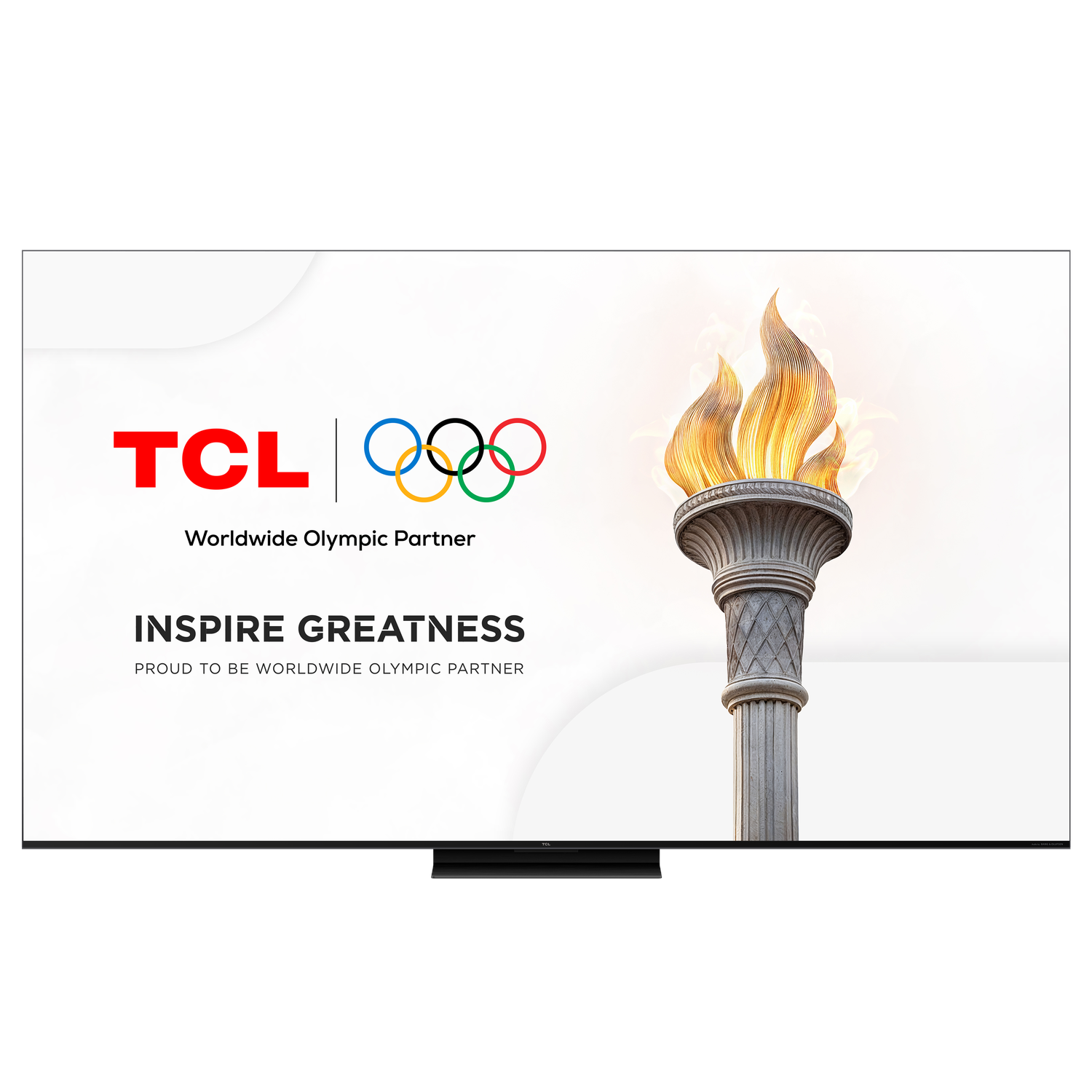 TCL TV met Olympische ringen en een fakkel op het scherm. Witte achtergrond.