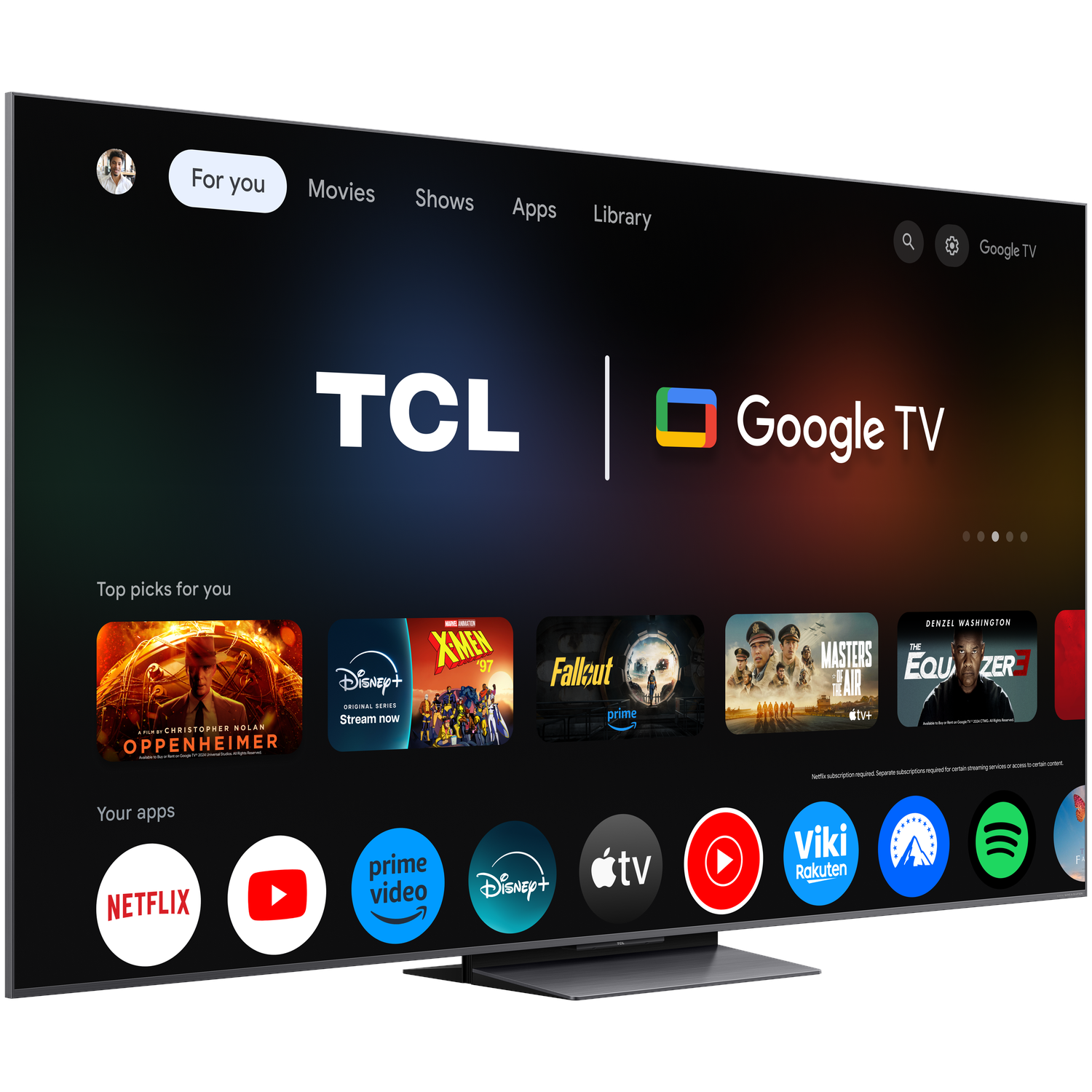 A large, modern TV screen displaying a Google TV interface with app icons and previews.