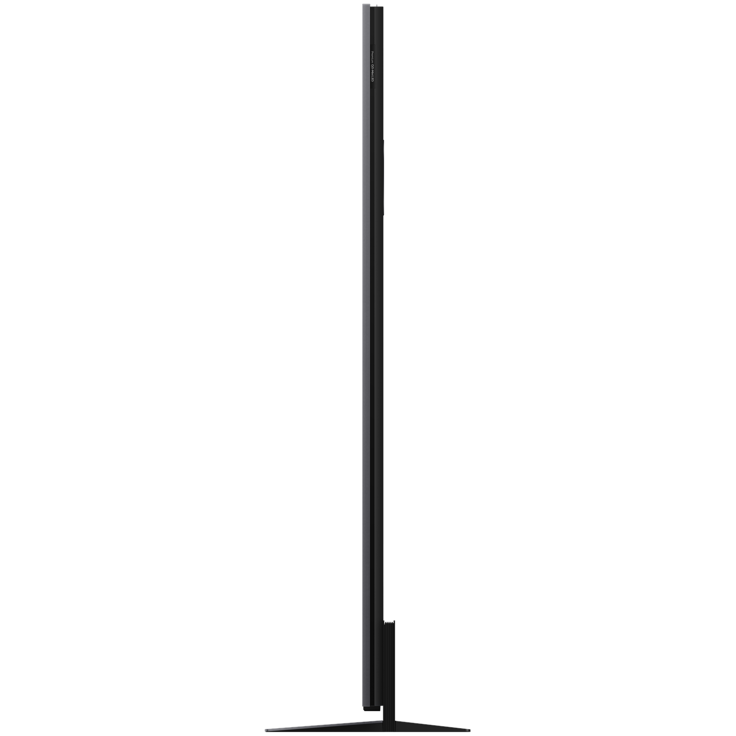 A thin black TV is standing on the stand with a white background.