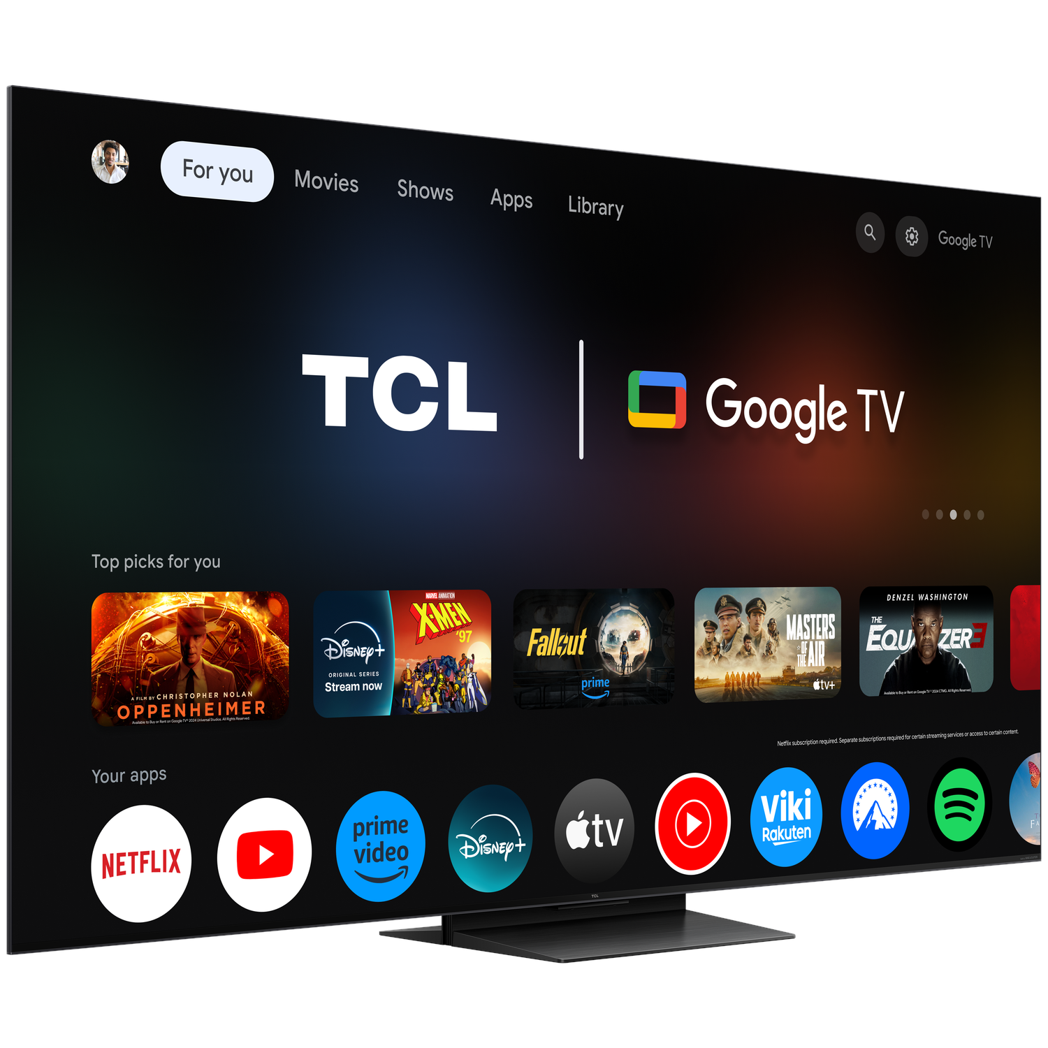 TCL Google TV. Showing a TV interface with movies, shows, and apps.