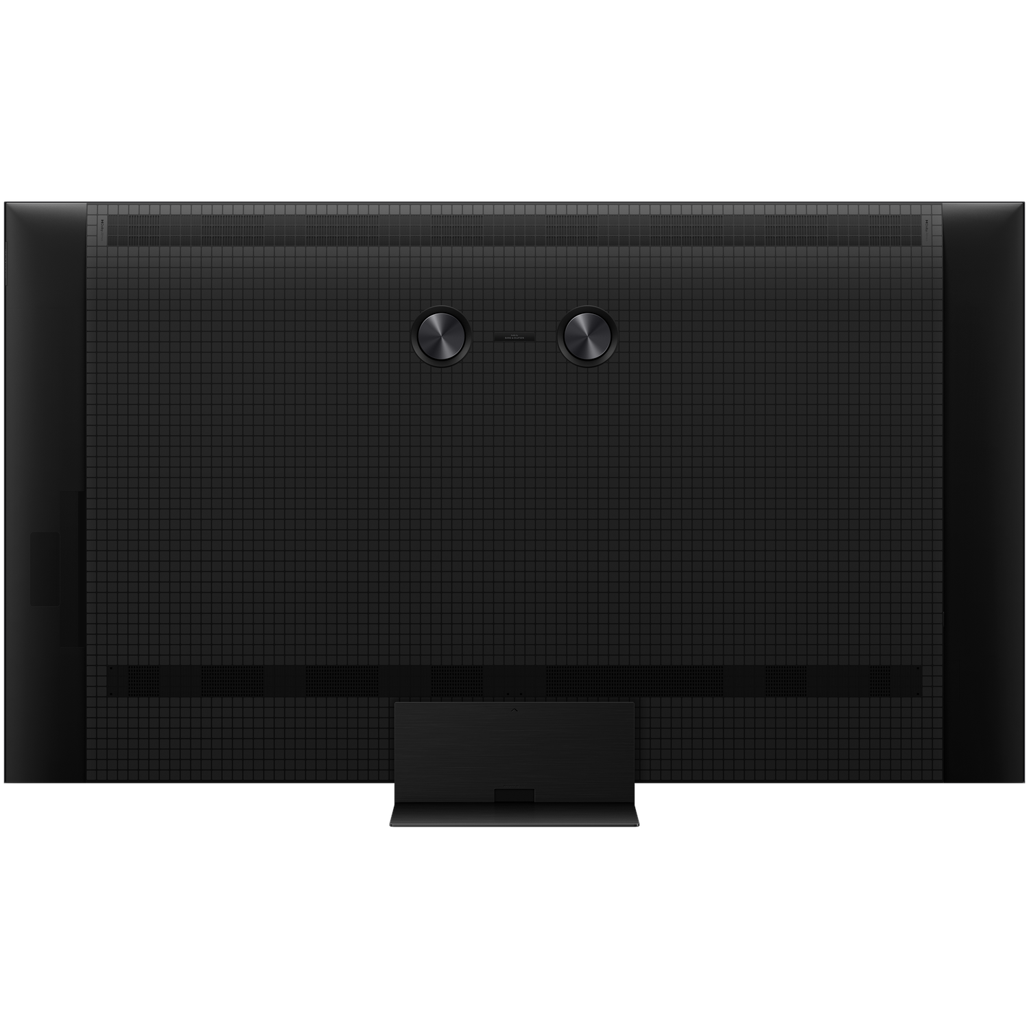 The back of a black TV with buttons and a stand is visible.