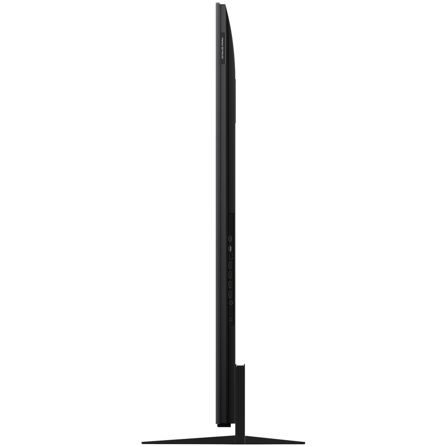 A close up of a black TV with a stand, showing the side profile with ports.