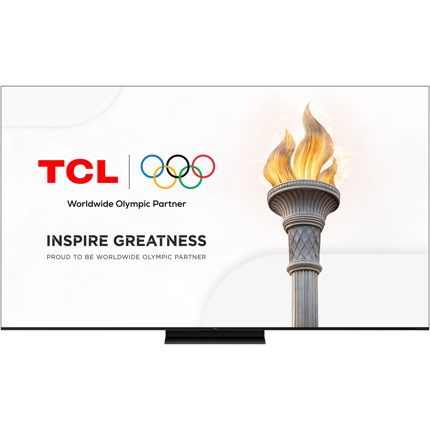 TCL TV with the Olympic rings logo, torch and the words: INSPIRE GREATNESS.