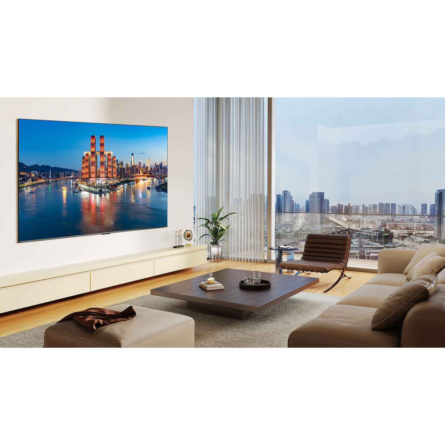 Living room with TV displaying a city view. Beige sofa, brown chair, and city skyline visible through window.