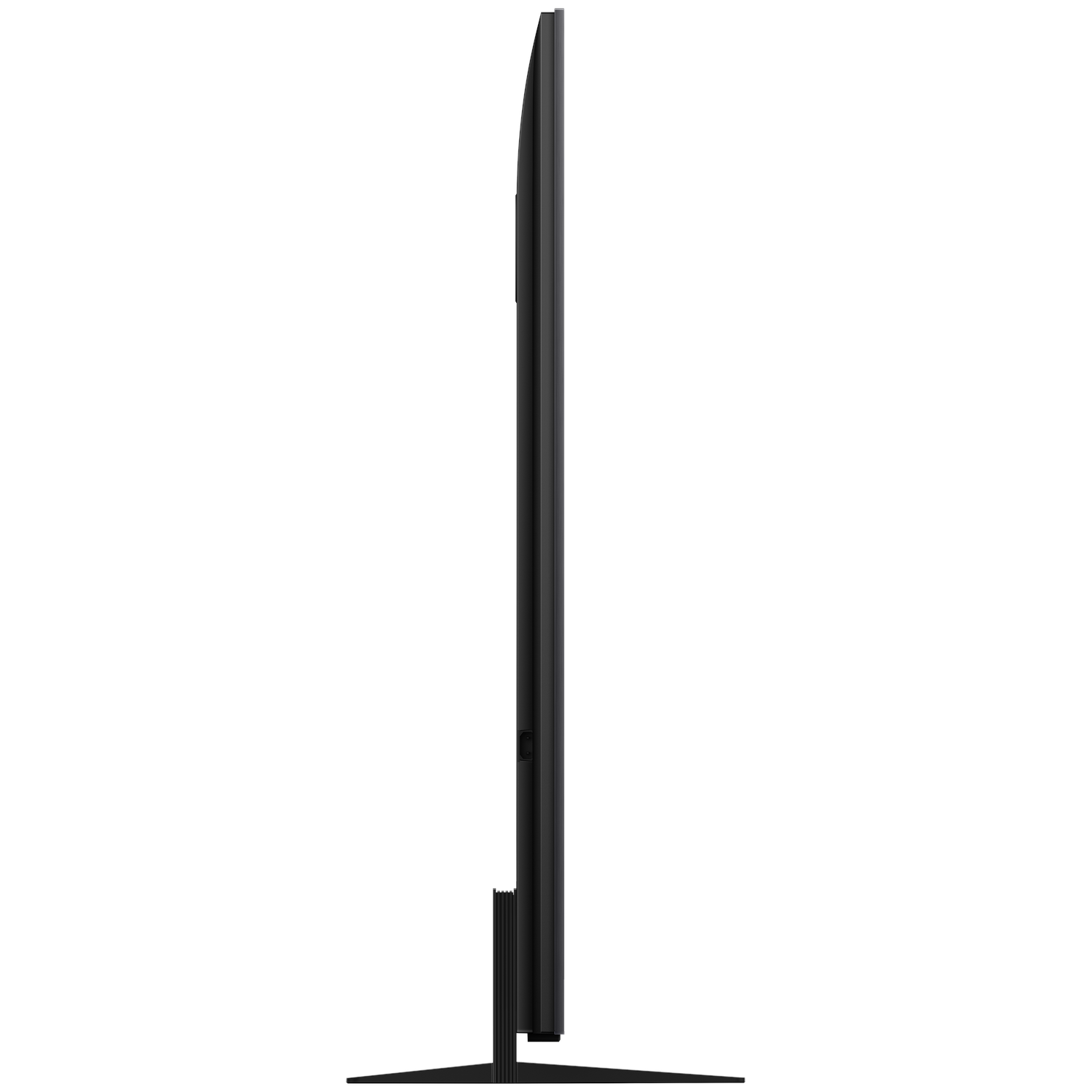 A slim TV from the side view. The TV is black with a stand and is on a white background.