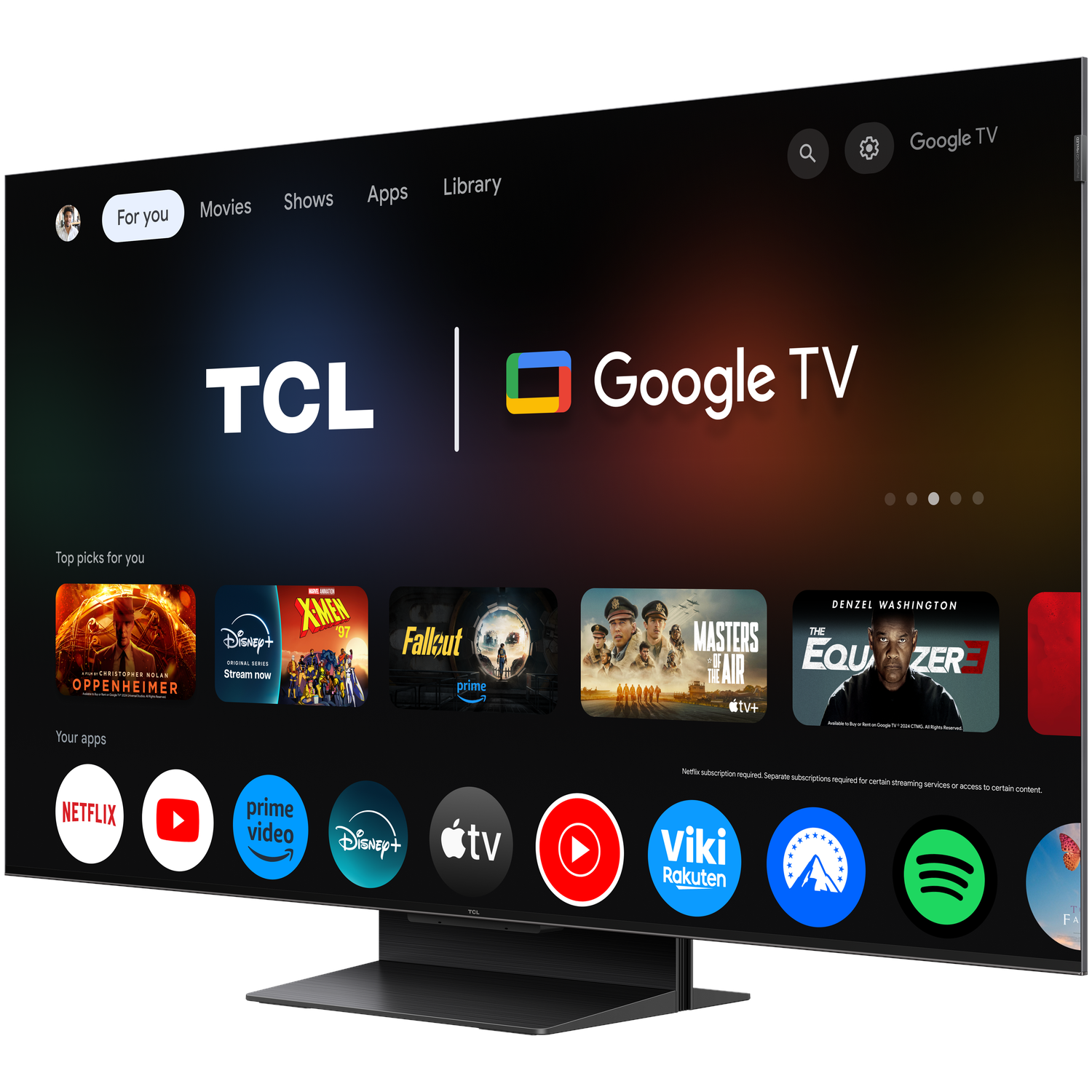 Een TCL Google TV wordt getoond, met het startscherm met app-voorbeelden en een Google TV-logo.