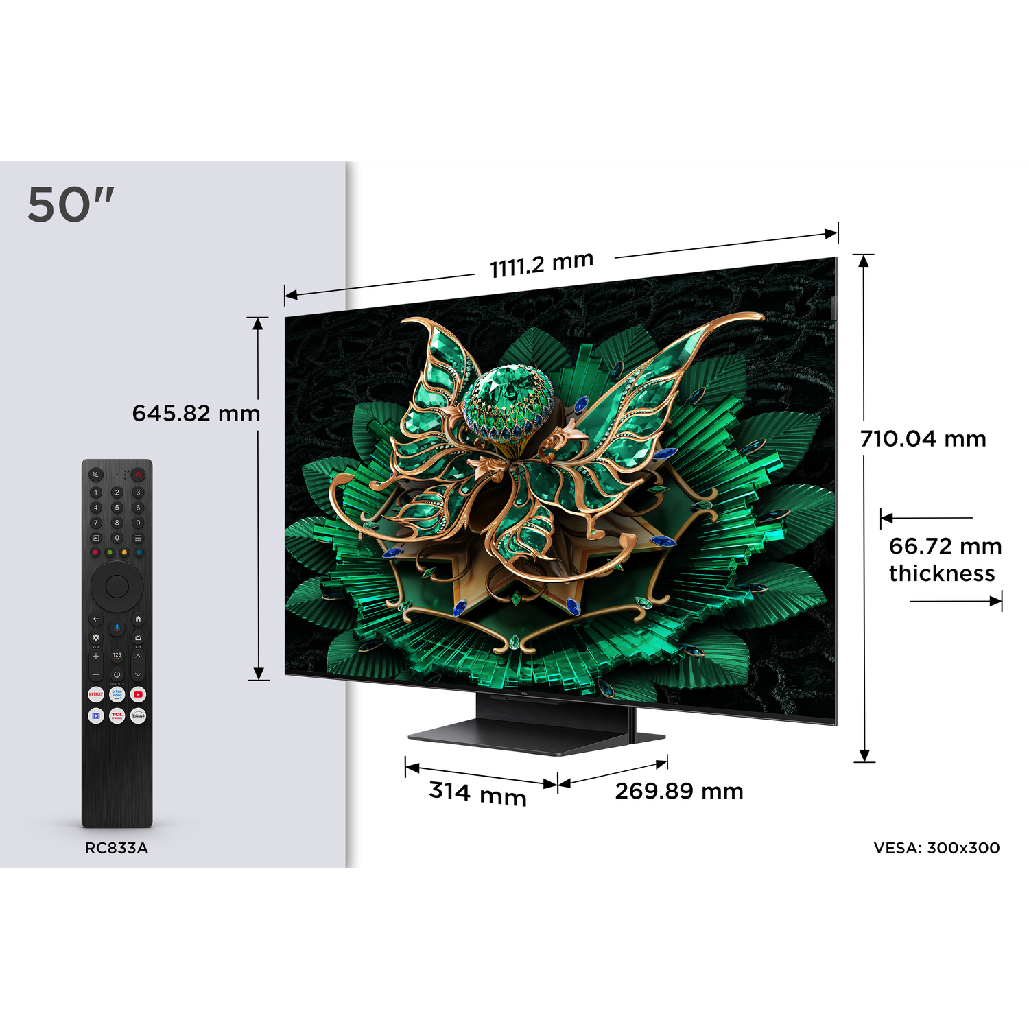 50-inch tv met afstandsbediening. Toont kleurrijk abstract beeld, met afmetingen.