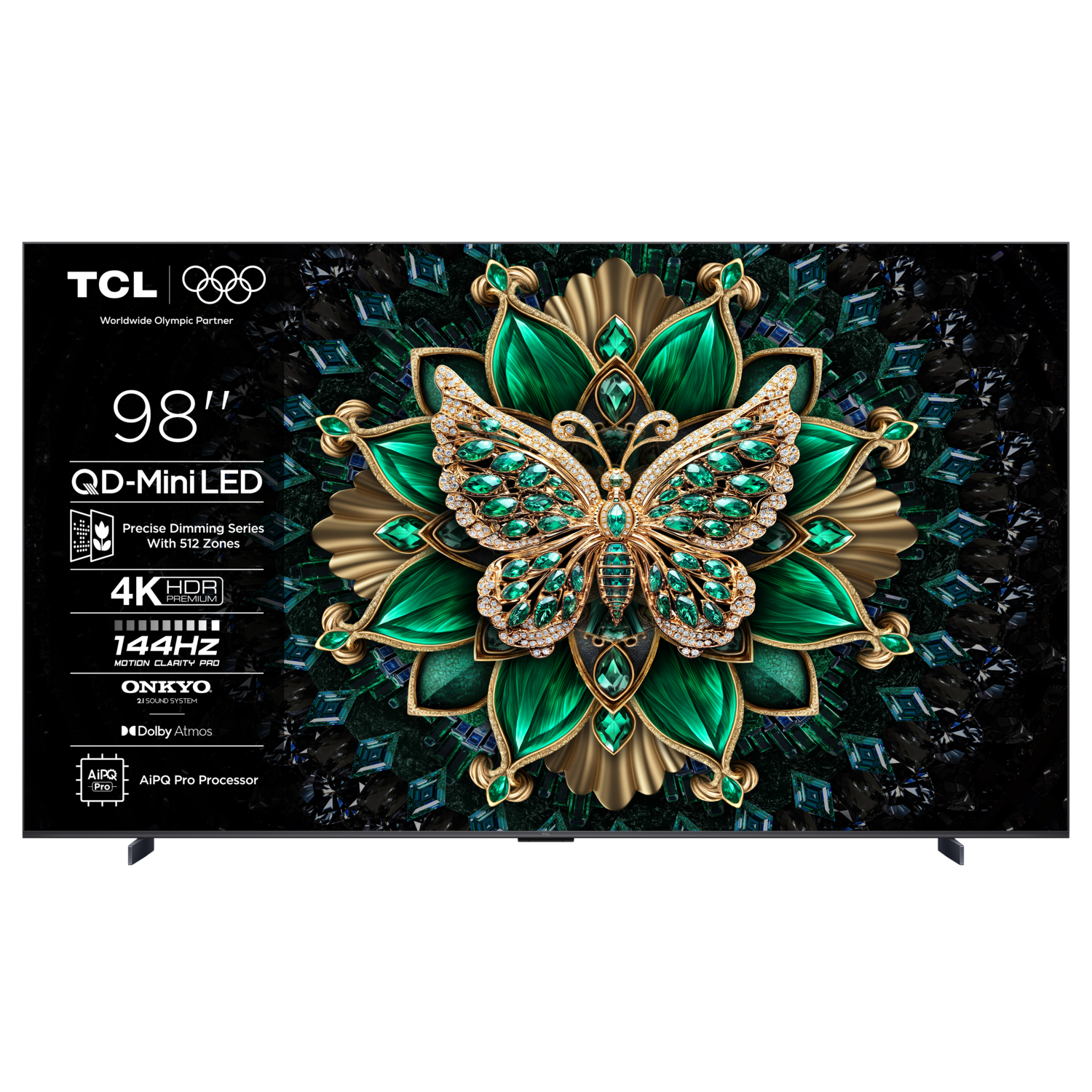 TCL 98-inch tv met een vlinderontwerp, met groene en gouden accenten, en tekst op het scherm.
