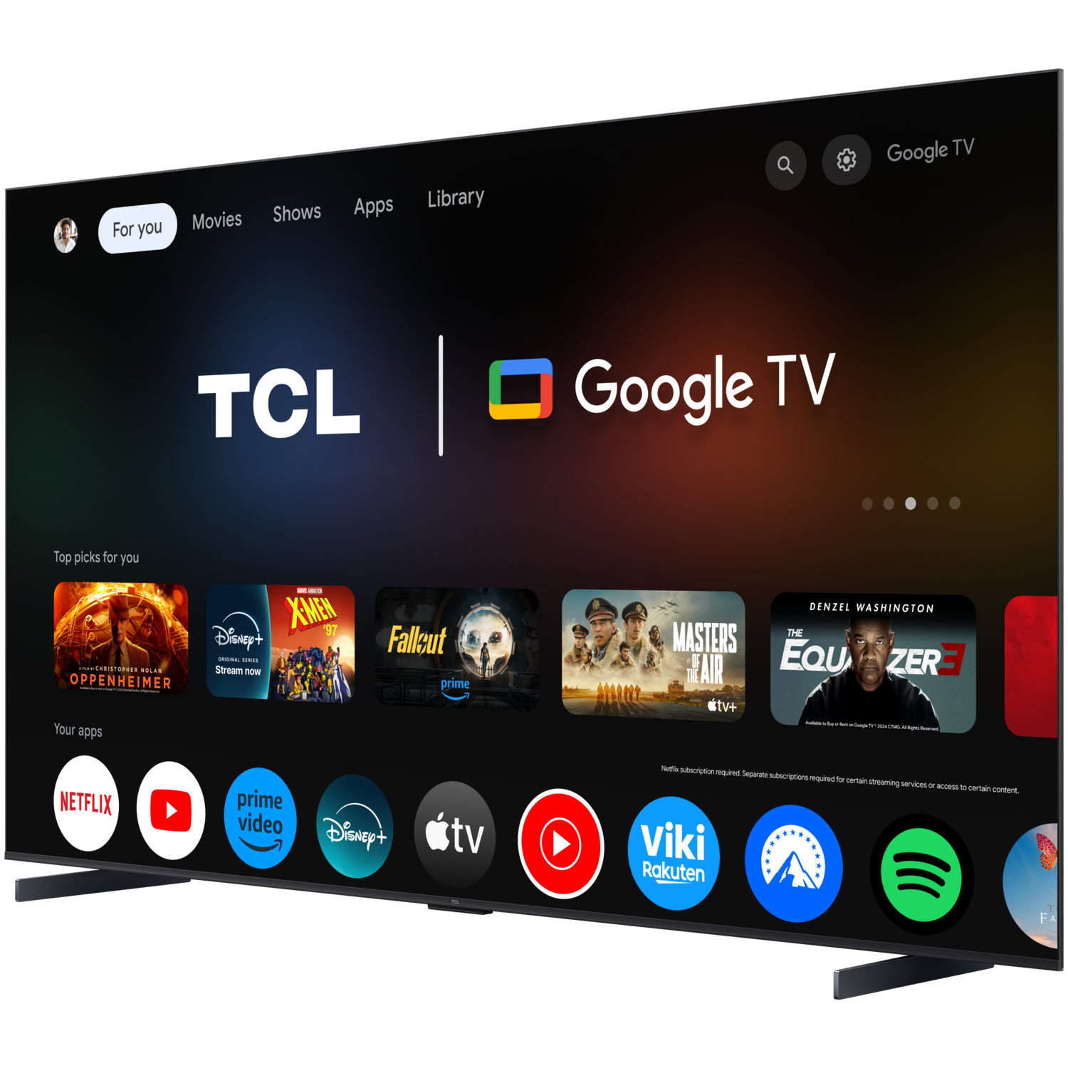 Een TCL Google TV, met films, series, apps en een bibliotheek met content.