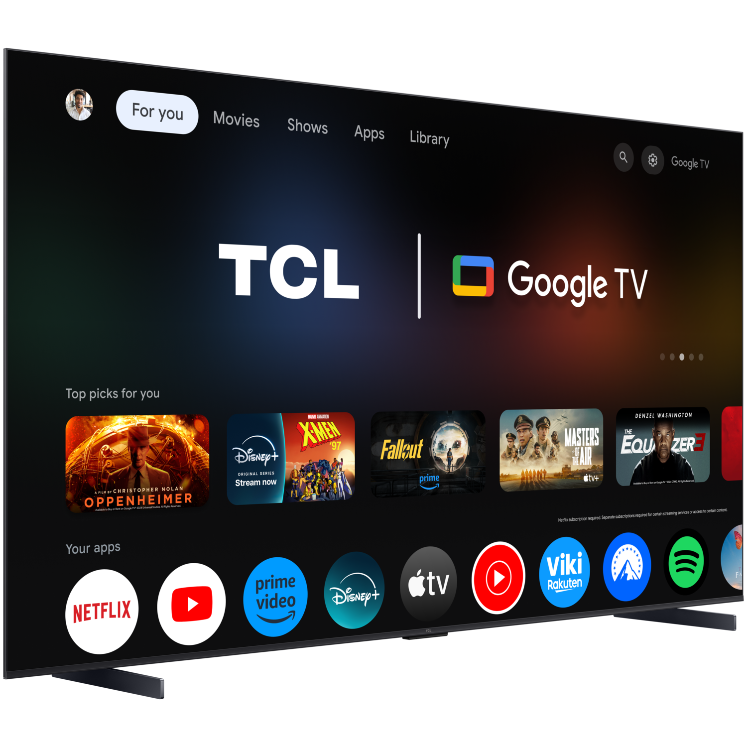 50-inch tv met bloemenscherm, afstandsbediening en afmetingen.