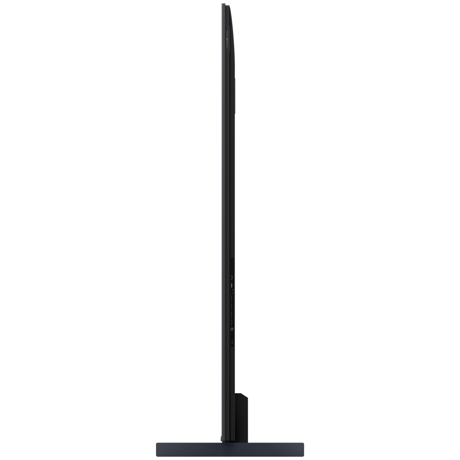 Zijaanzicht van een zwarte tv, slank en strak design.