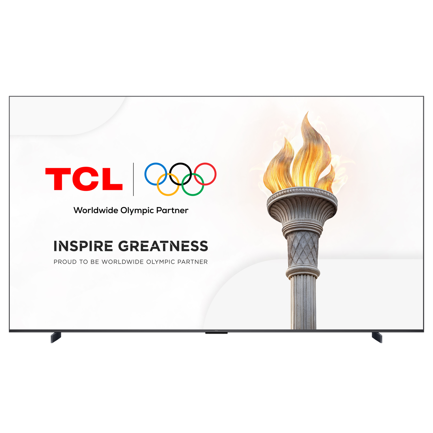 Een TCL tv-scherm met de Olympische ringen en een fakkel.