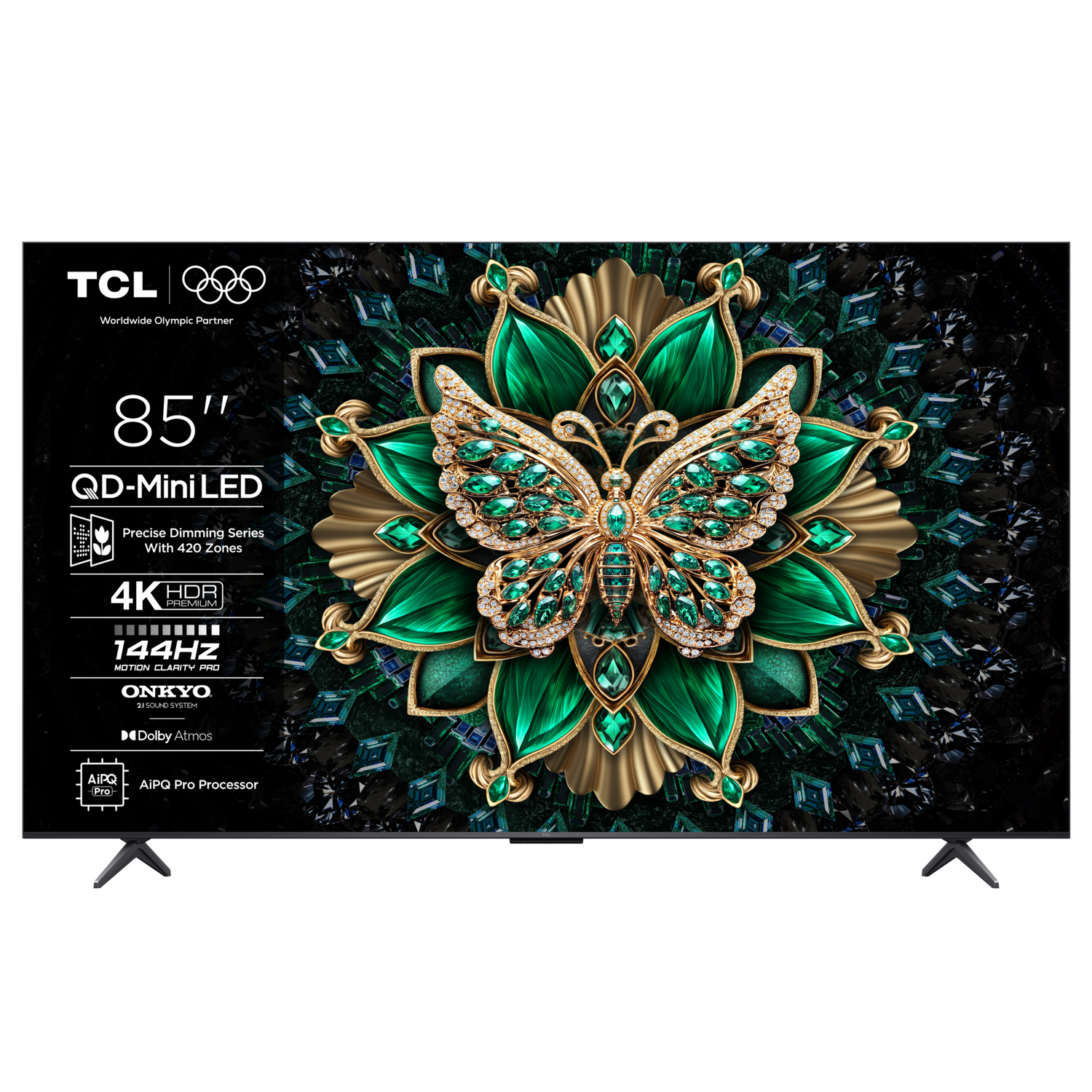 85-inch TCL tv met een bloemenontwerp met een vlinder en diverse logo's.
