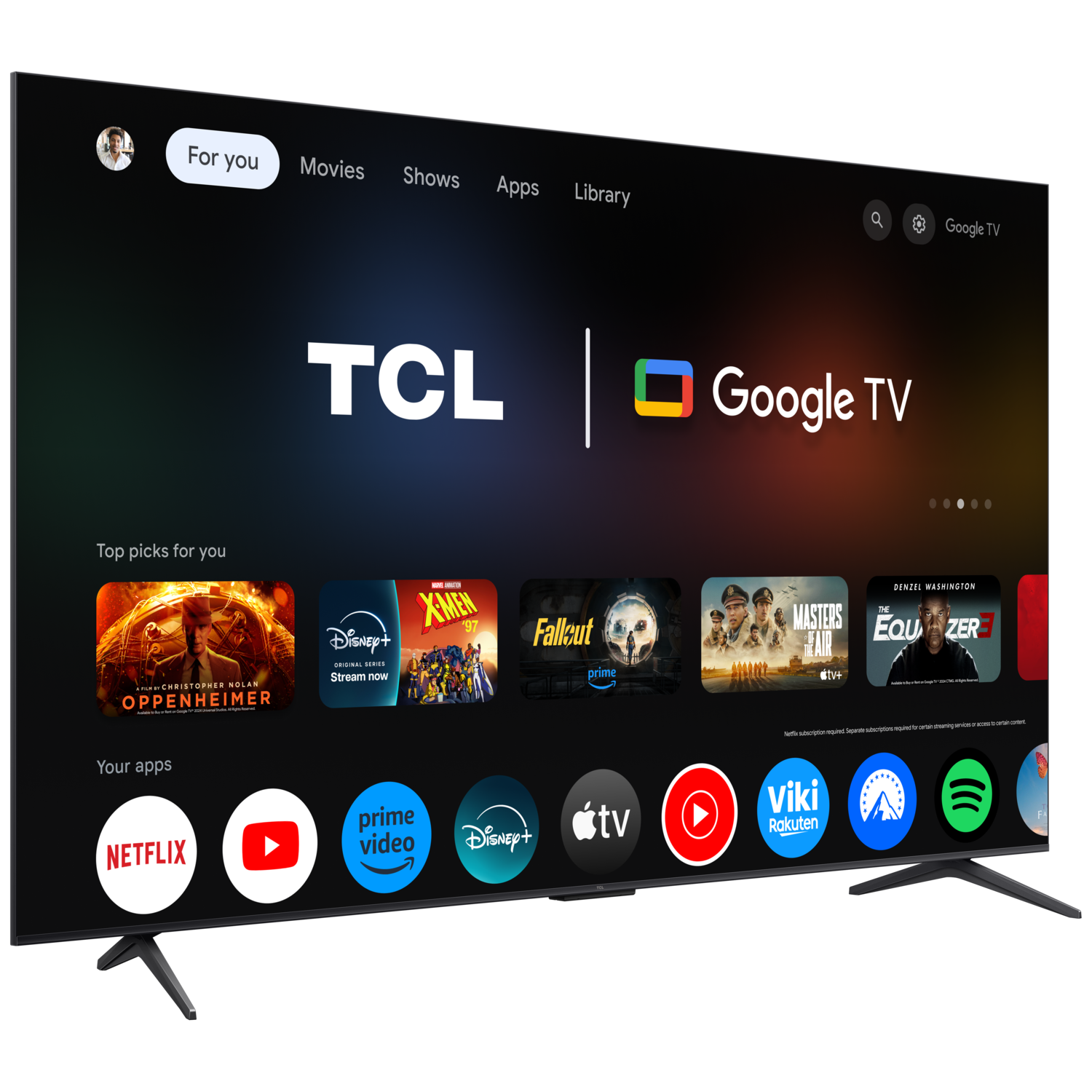 Een groot tv-scherm met een Google TV-interface. Verschillende app-pictogrammen zijn zichtbaar, waaronder Netflix en Disney+.