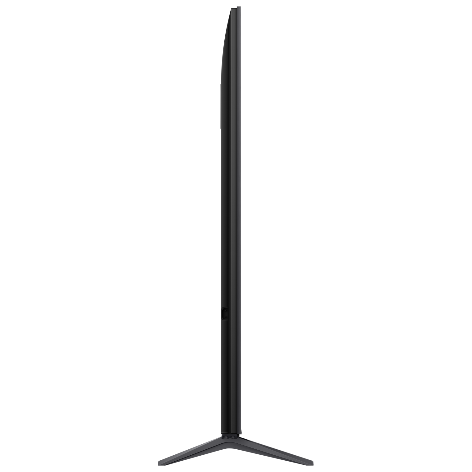 Zijaanzicht van een zwarte tv op een standaard.
