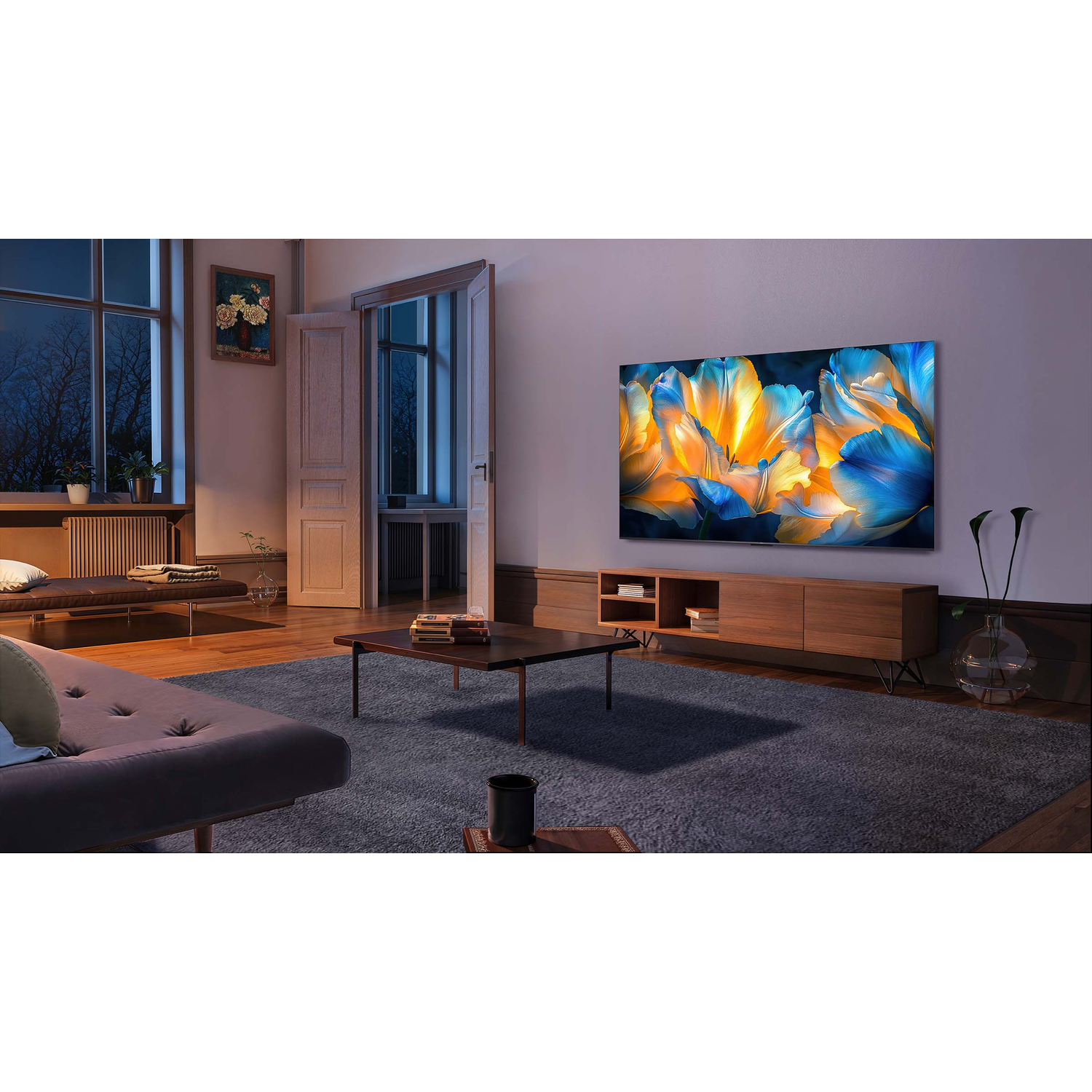 Een grote tv is aan een muur gemonteerd en geeft een kleurrijk beeld weer.