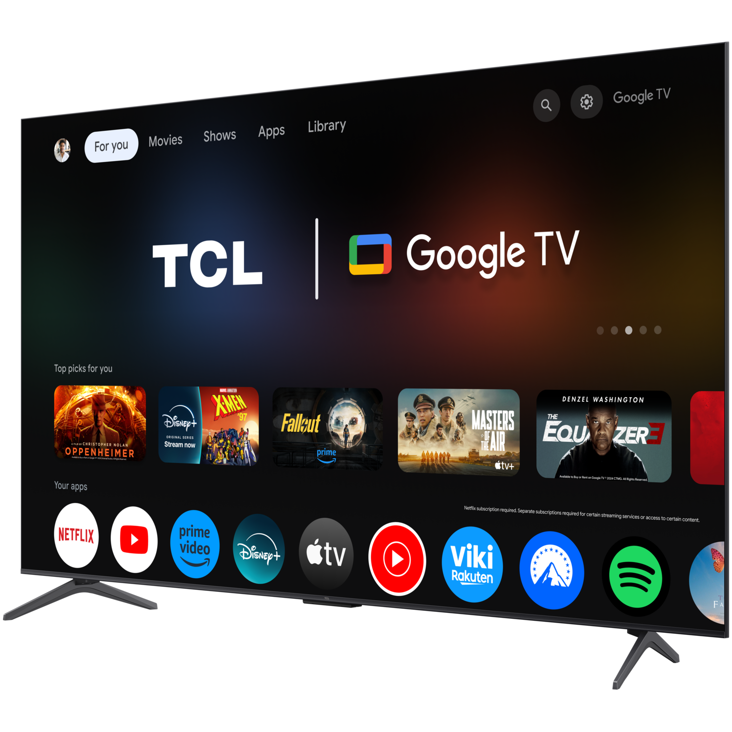 Een grote TCL Google TV met een startscherm met verschillende apps en films.