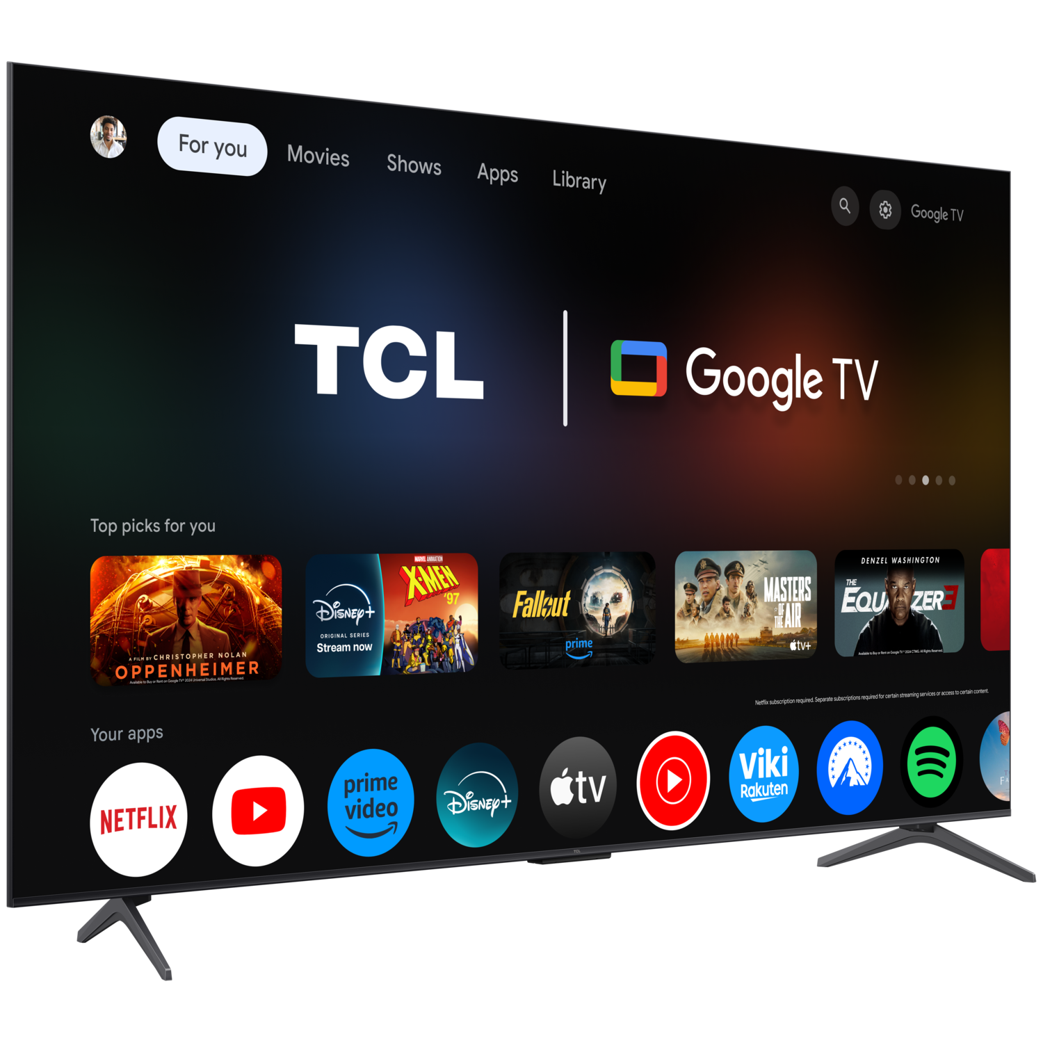 Een TCL Google TV-scherm met app-pictogrammen en filmaanbevelingen, met een zwart frame.