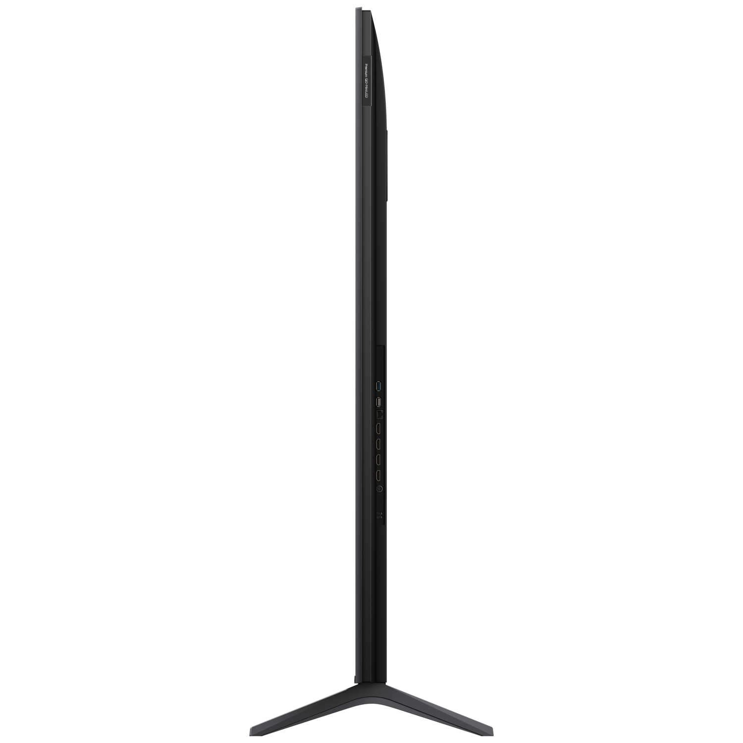 Een tv op zijn kant, met poorten en een standaard op een zwarte achtergrond.