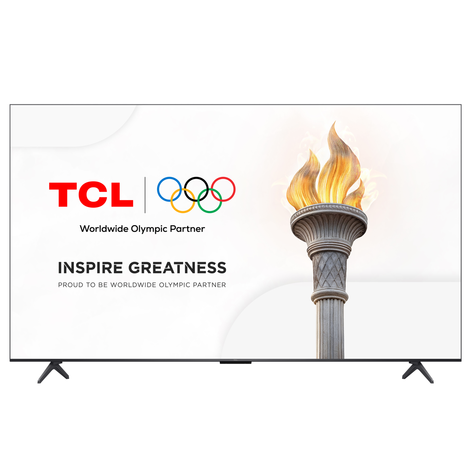 TCL TV met de Olympische ringen en een fakkelafbeelding, met tekst 'Inspire Greatness'.