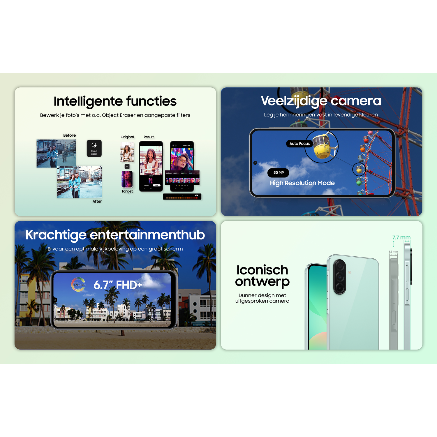 Een telefoon met functies en een camera op het scherm, met voorbeelden en een zijaanzicht.